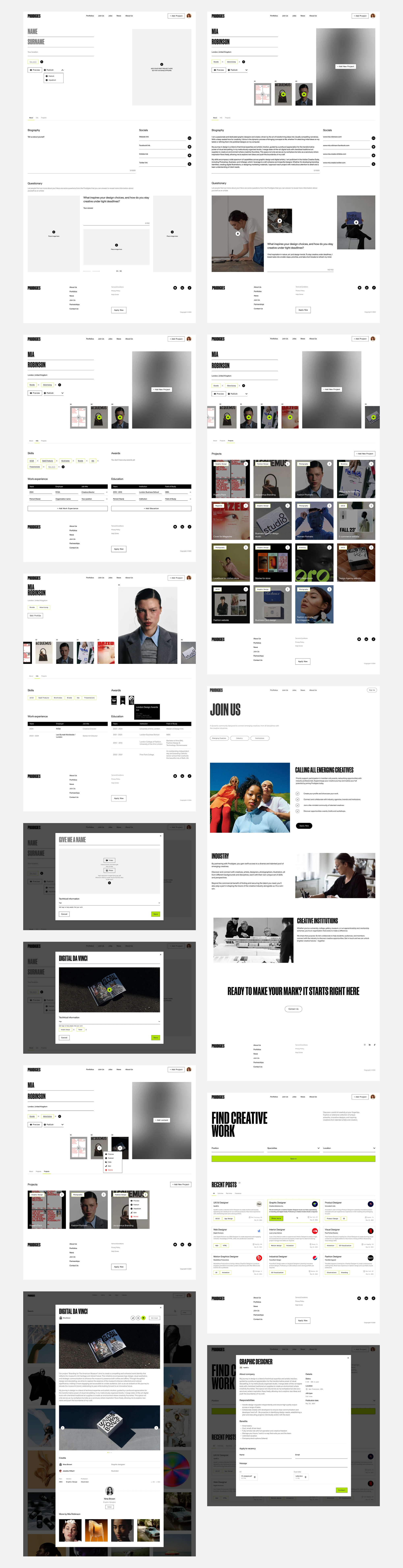 Wireframes of the main Prodigies pages