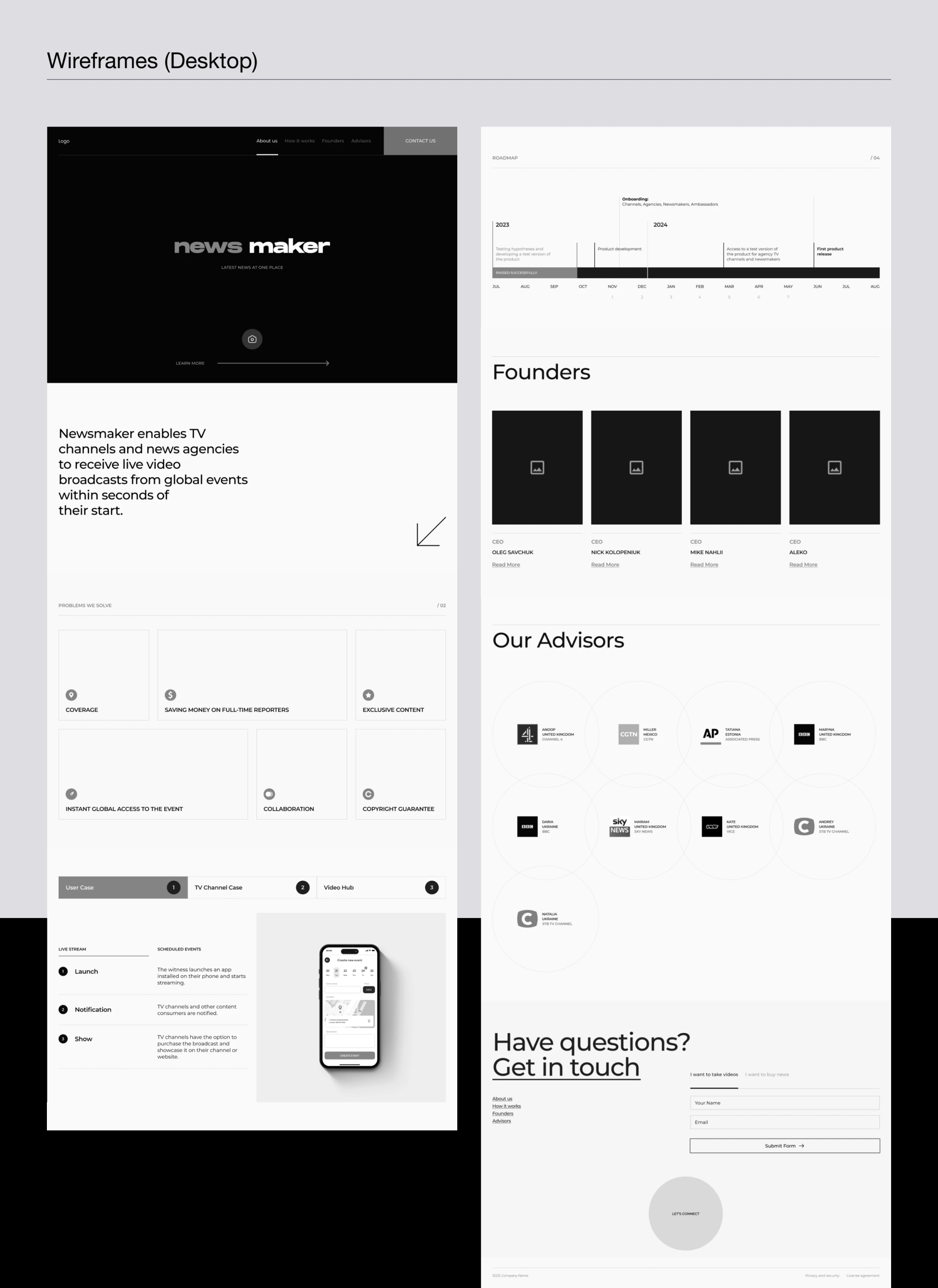Desktop wireframes of the NewsMaker landing page