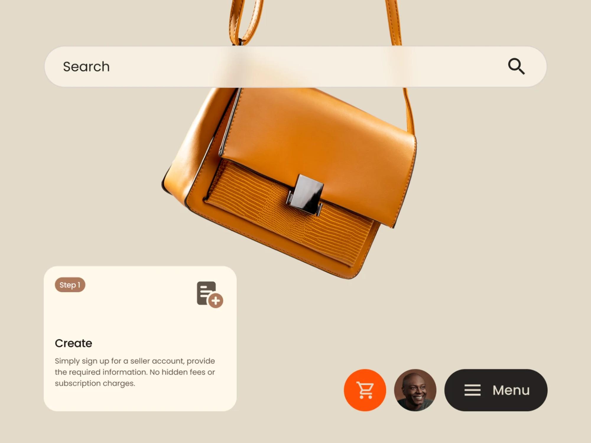 Khoomi search bar and a leather bag product card