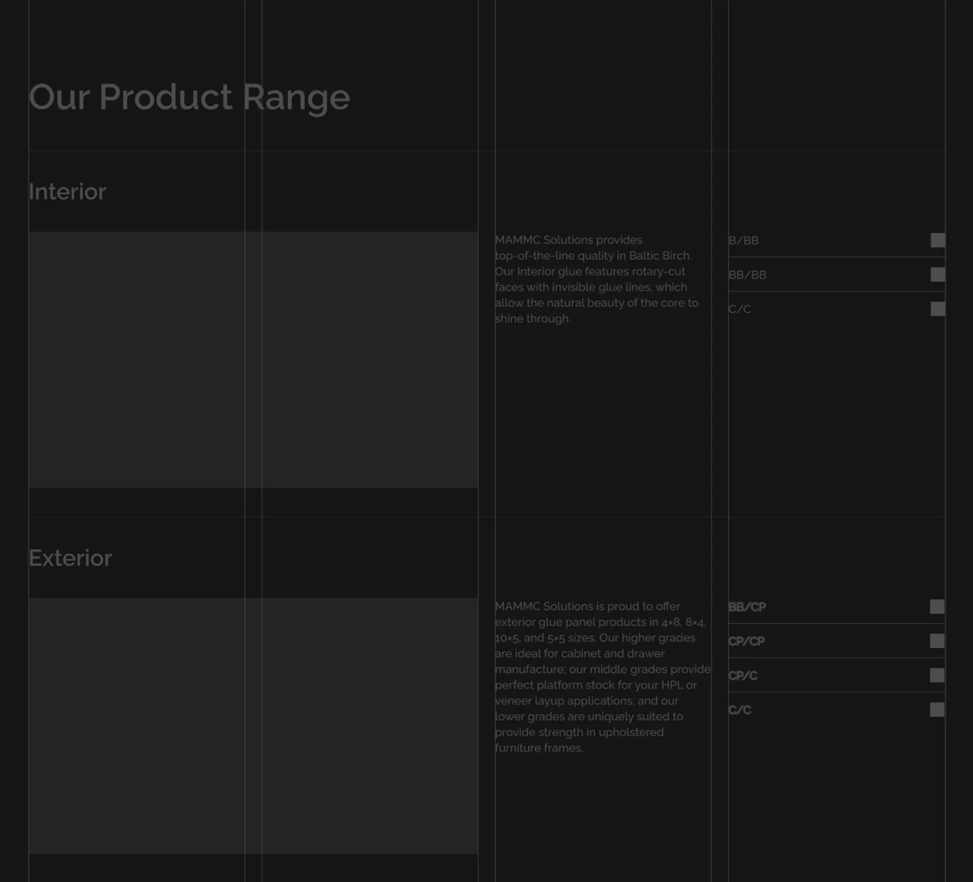 Product range page in dark mode