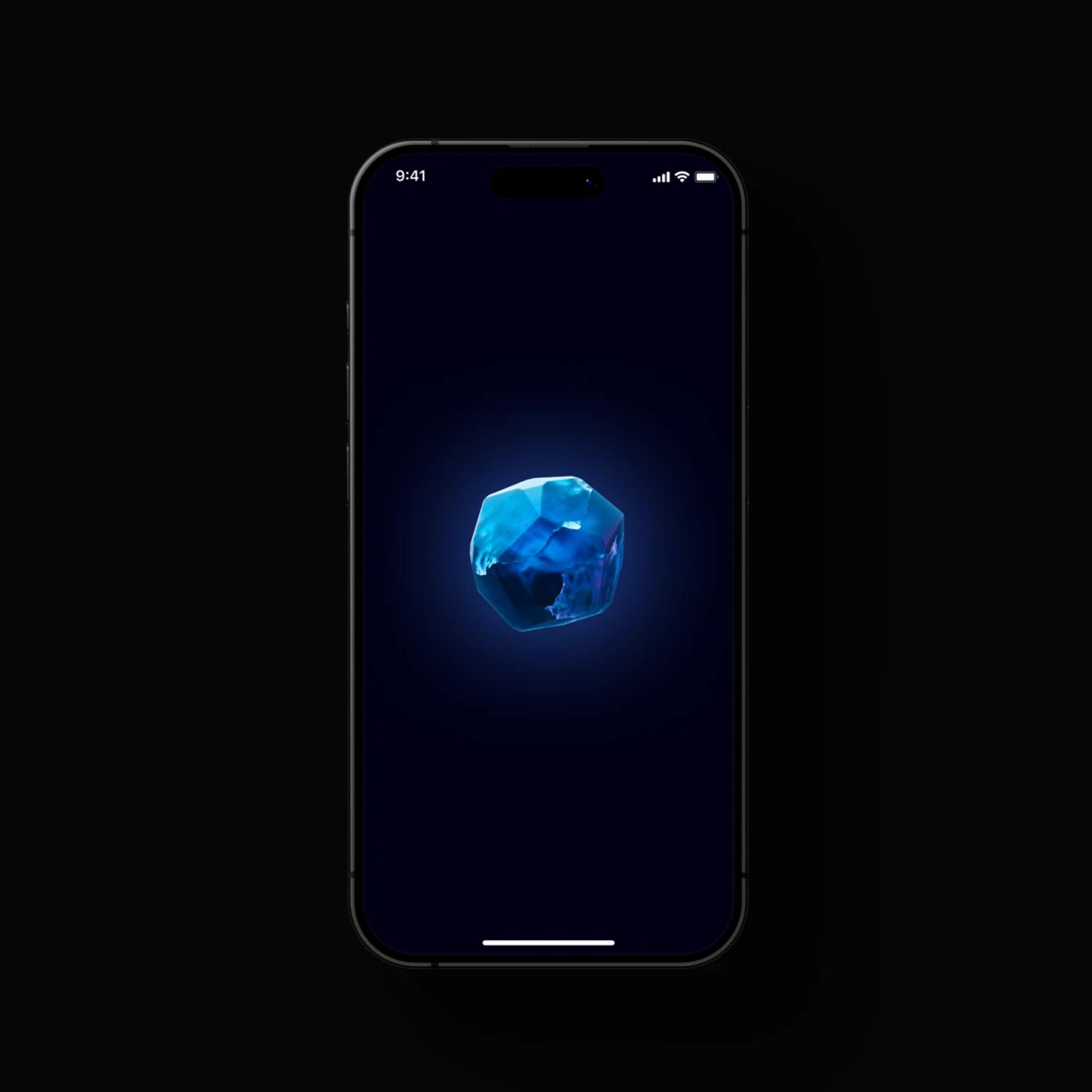 Splash screen with a glowing blue crystal