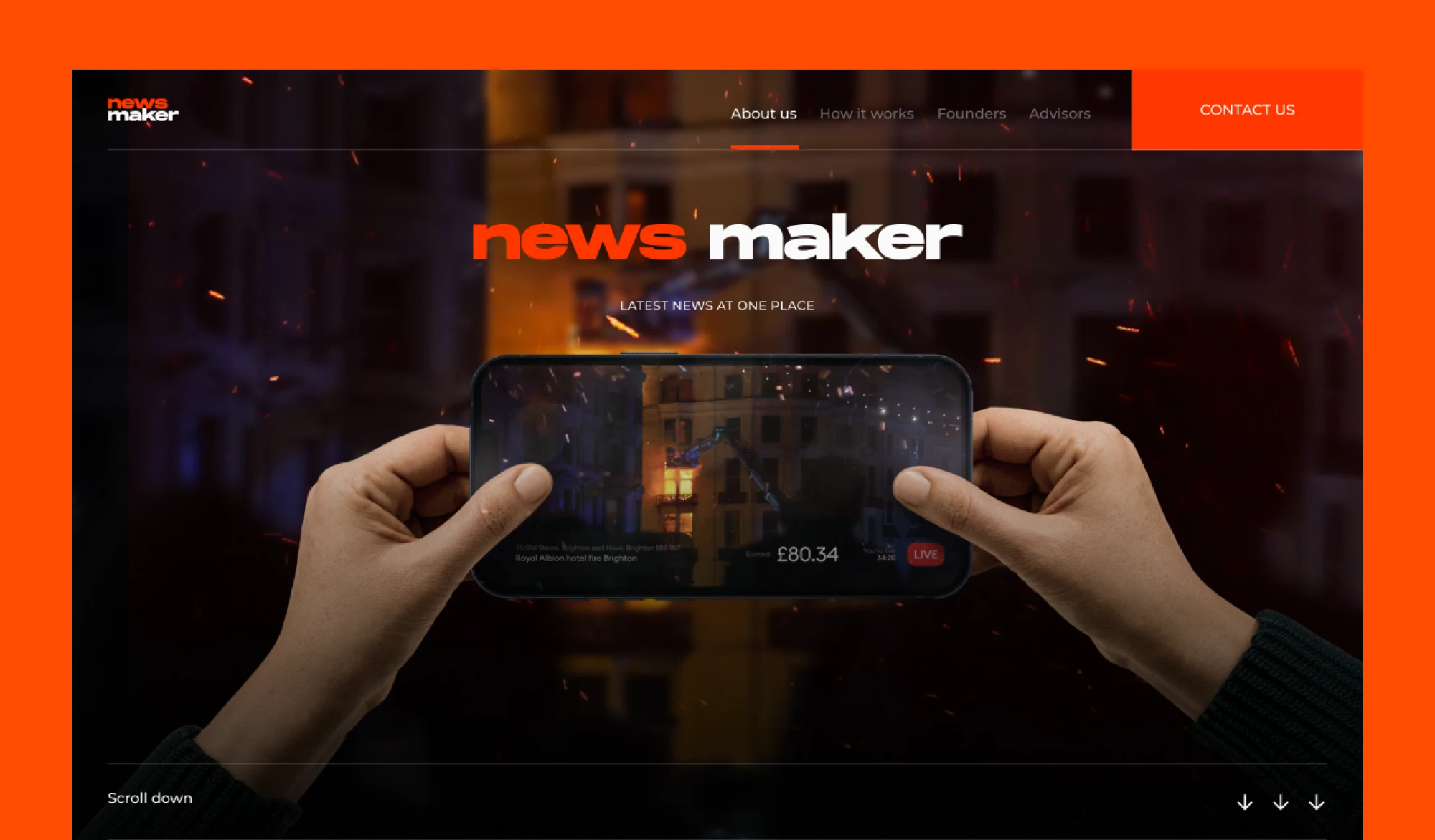 NewsMaker landing page hero: hands holding a phone with a live stream