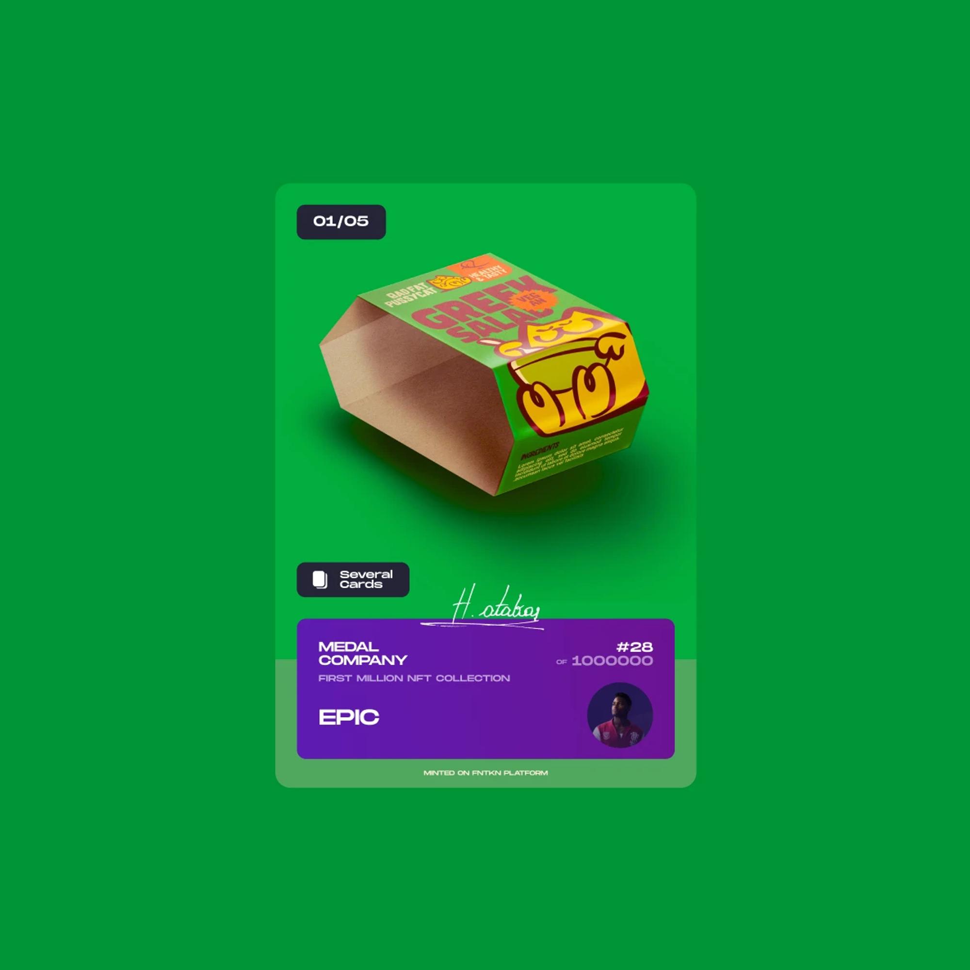 Collectible card with a 3D Greek salad box, signature and Epic rarity
