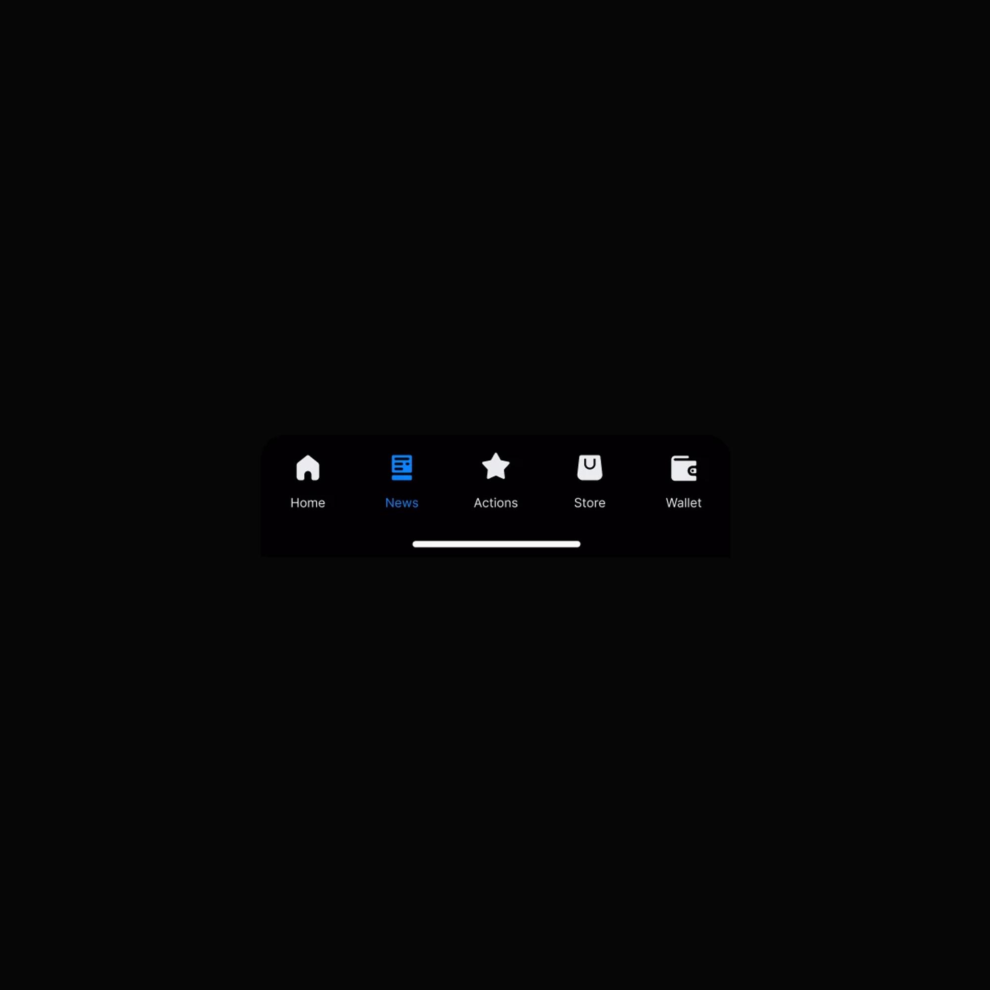 Bottom navigation: Home, News, Actions, Store, Wallet