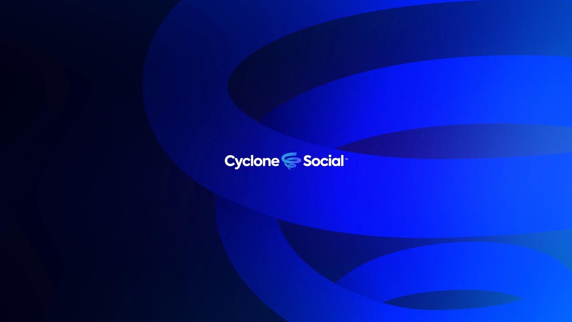 Cyclone Social logo over blue swirl shapes