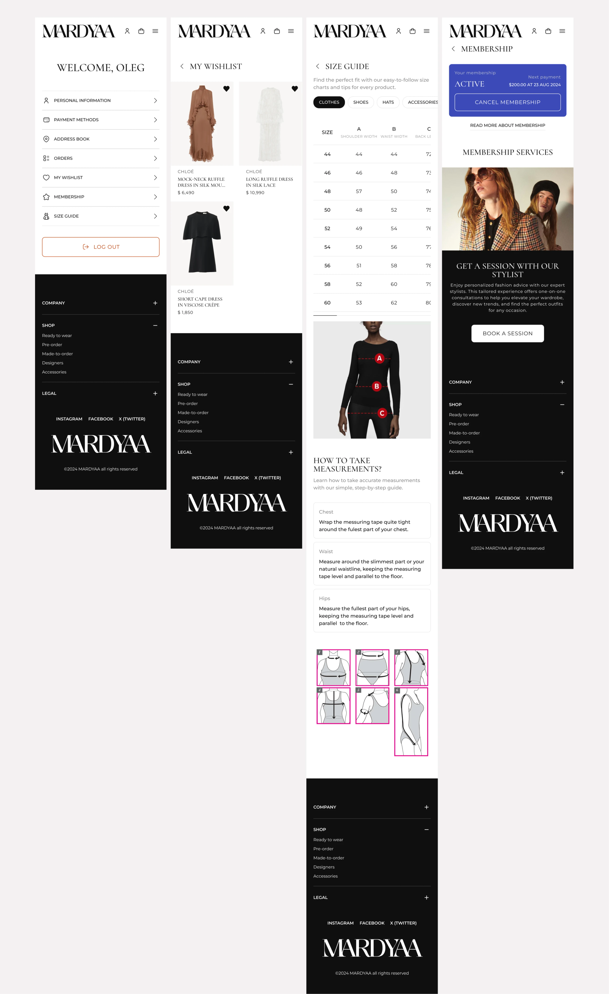 Mobile account, wishlist, size guide and membership screens