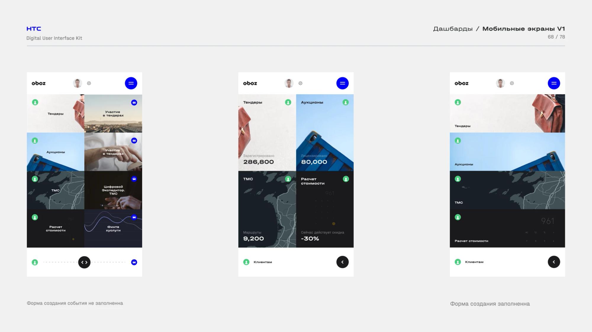 Oboz mobile dashboard screens