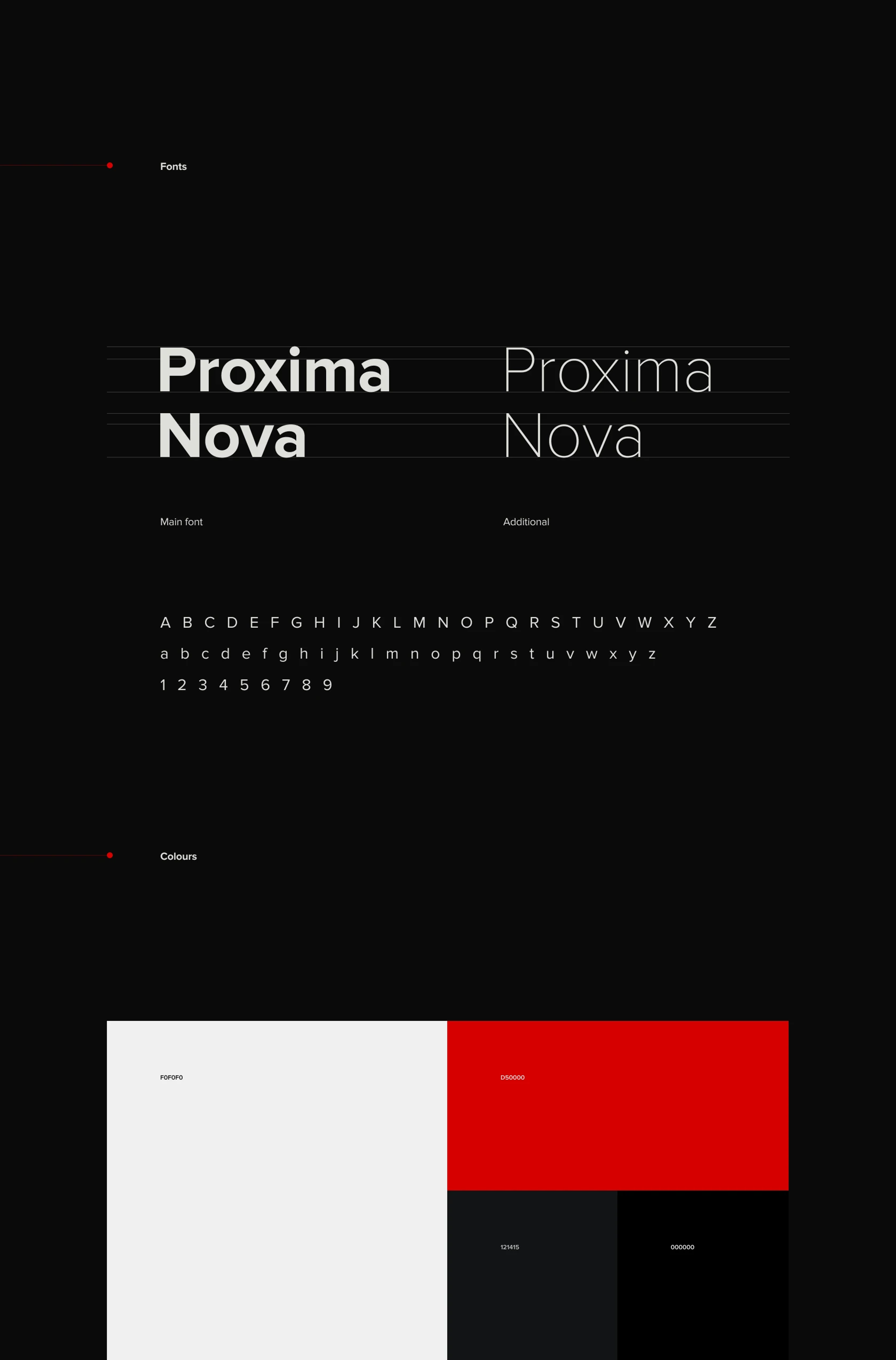 Typography and colours: Proxima Nova, red, black and white