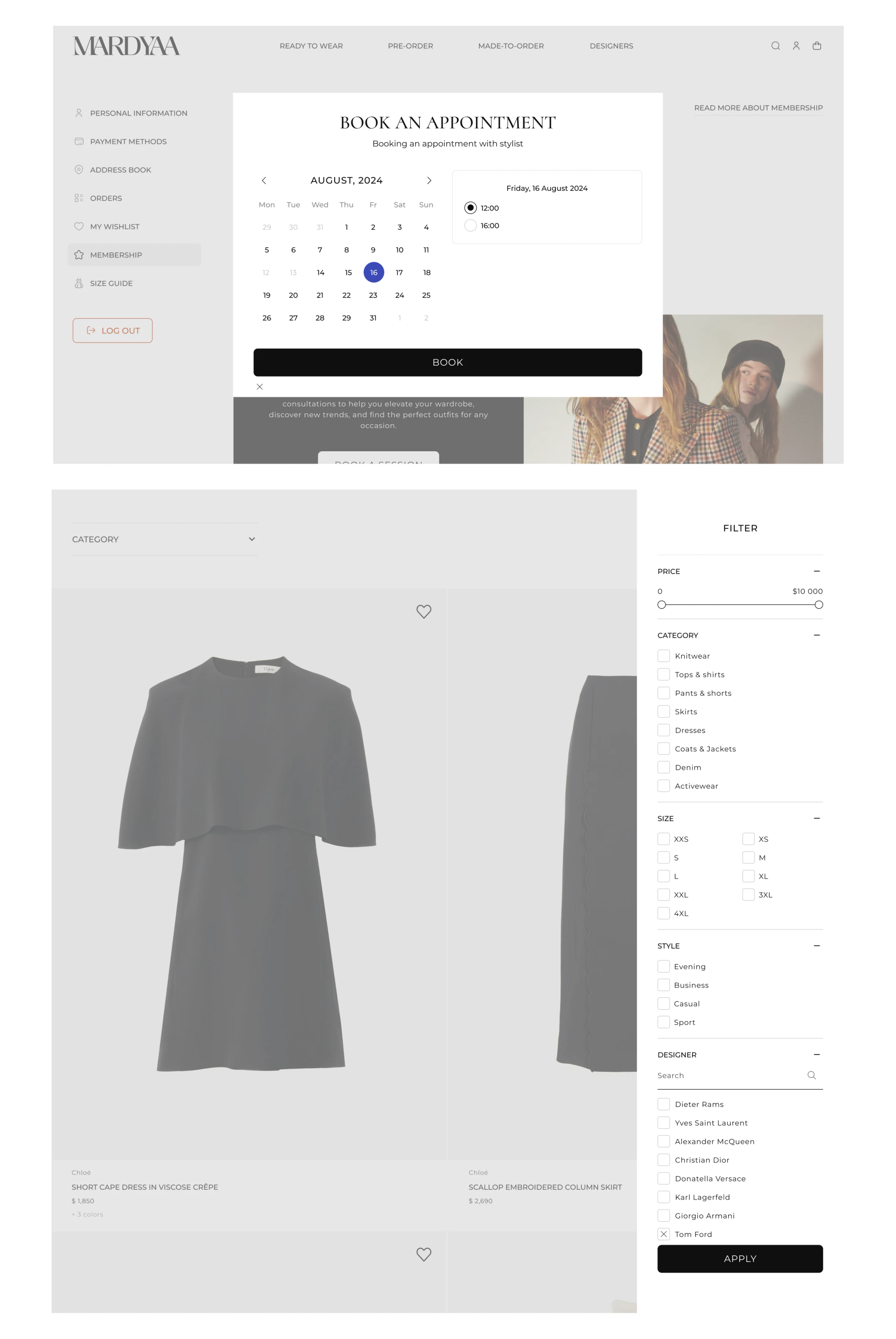 Stylist appointment booking and filtered catalogue