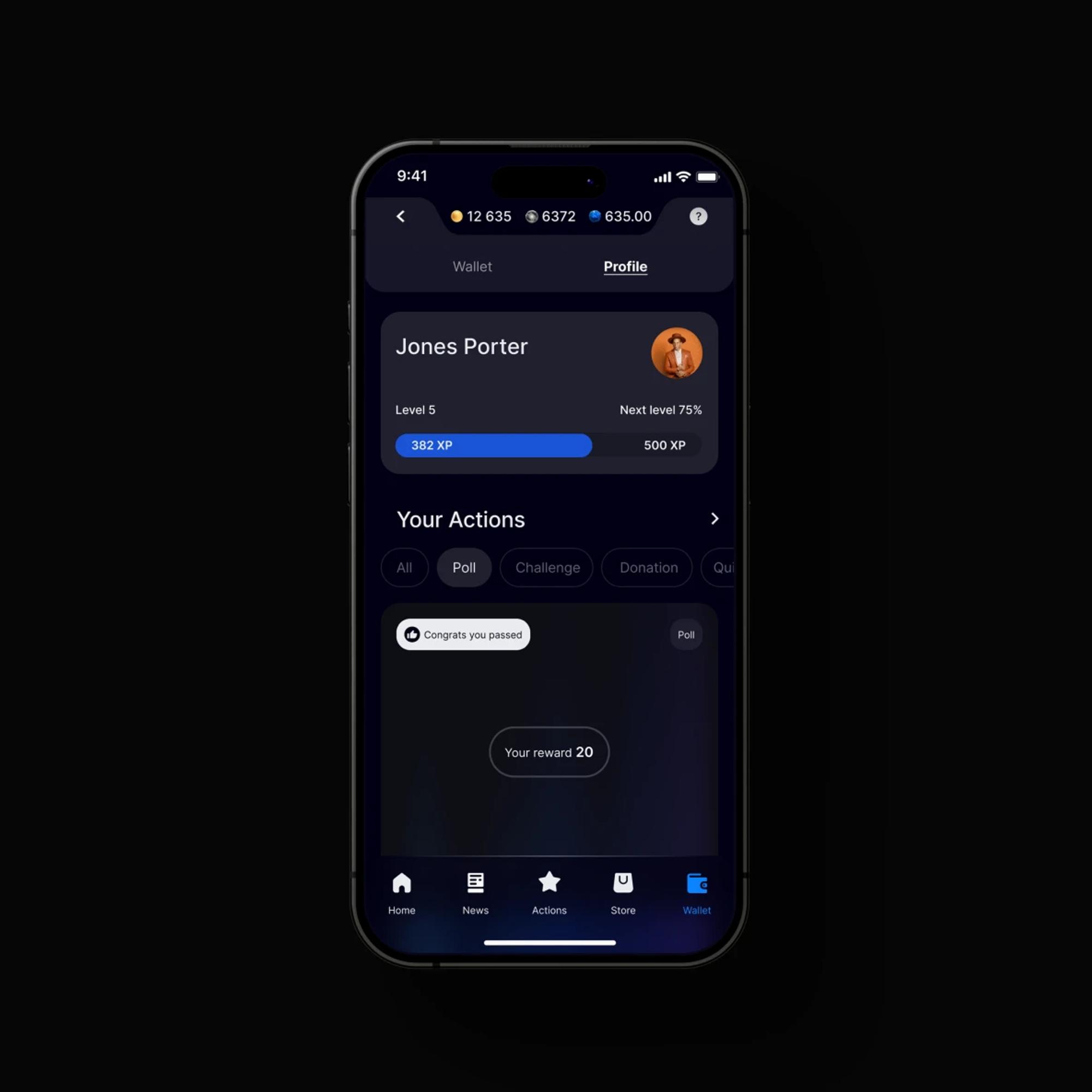 Fan profile with level progress and actions