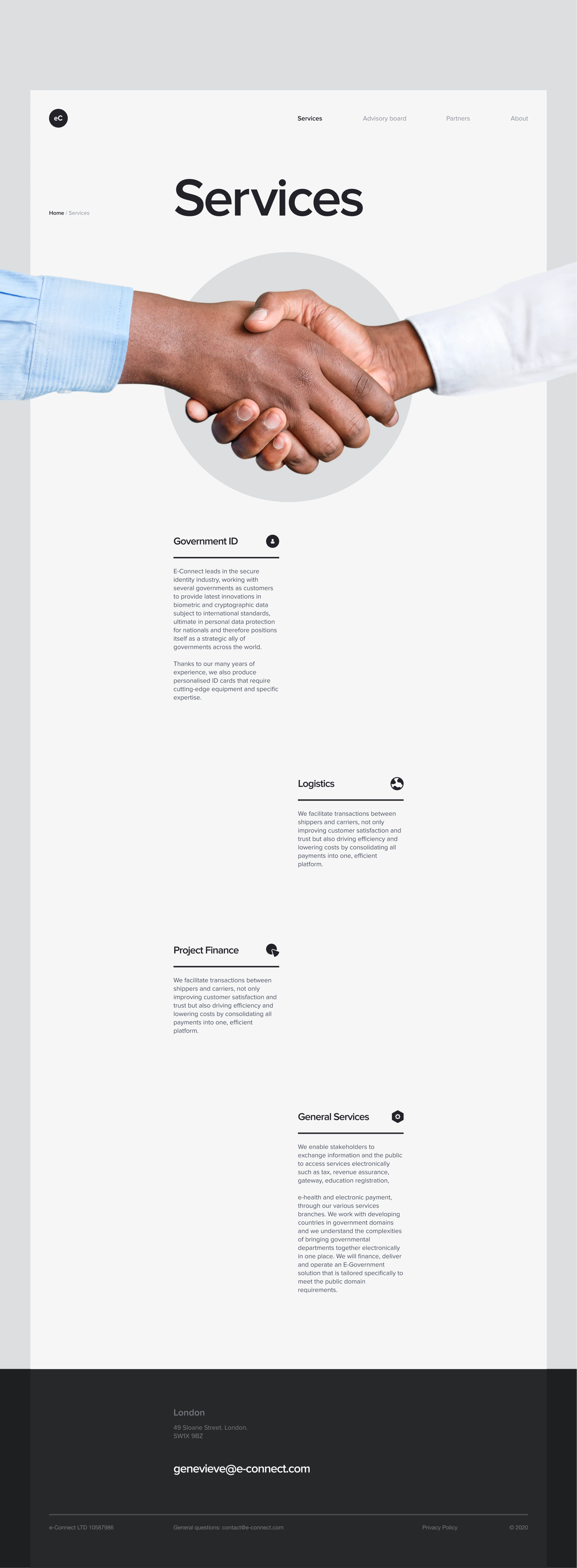 Services page with a handshake photo