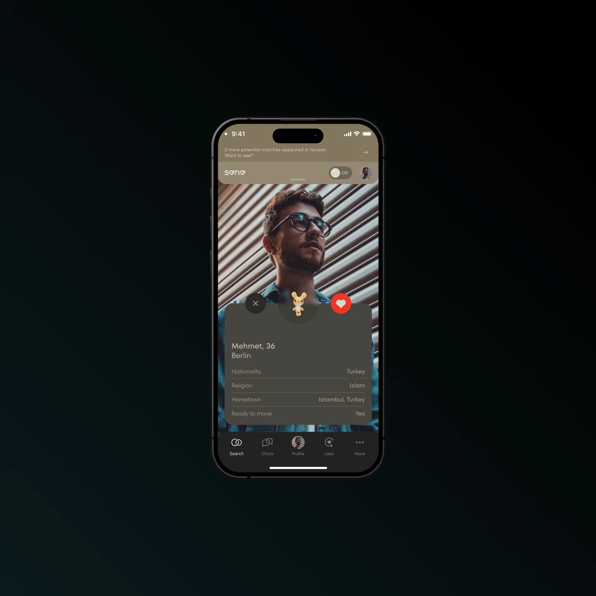Male profile card with interests and details