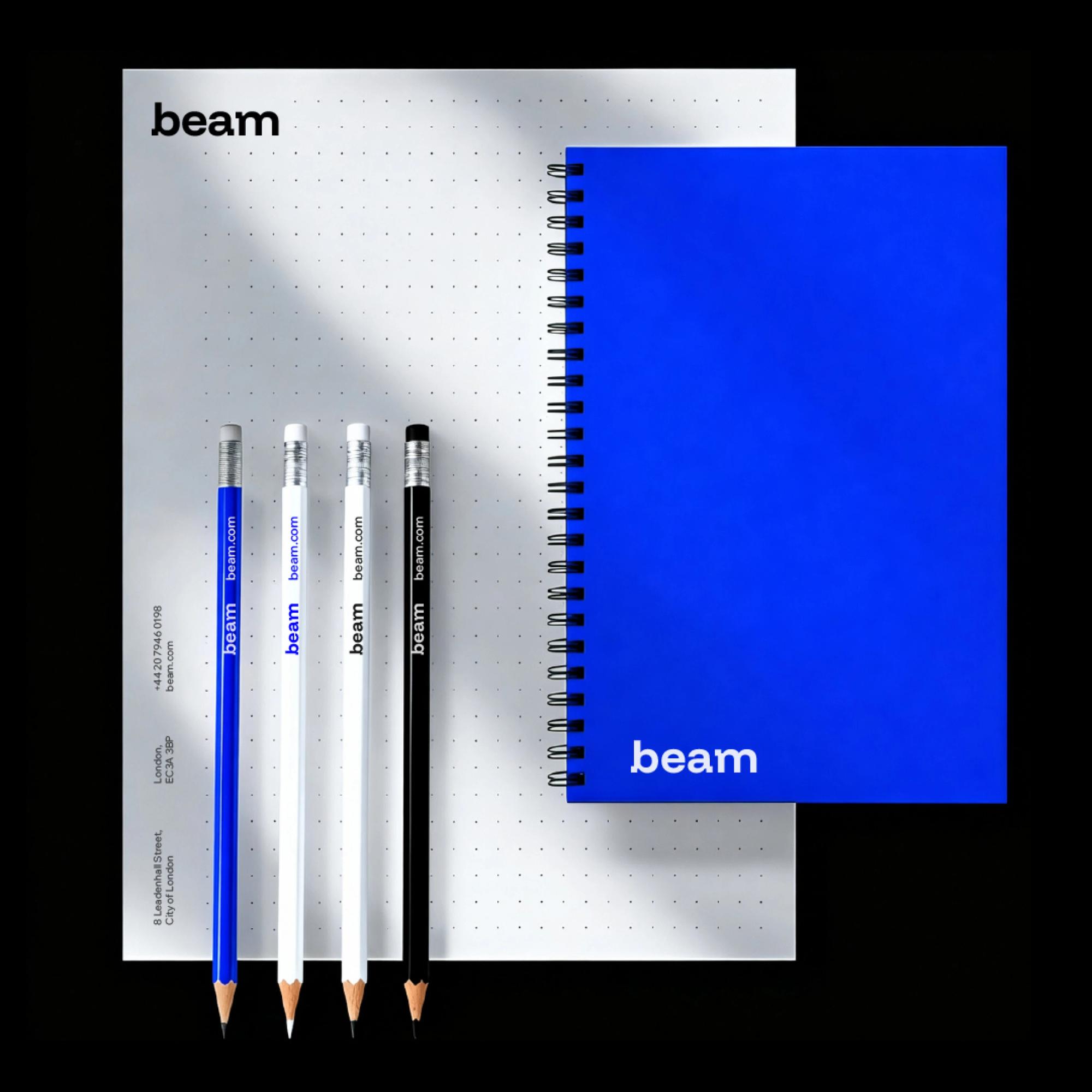 Beam stationery: letterhead, notebook and pencils