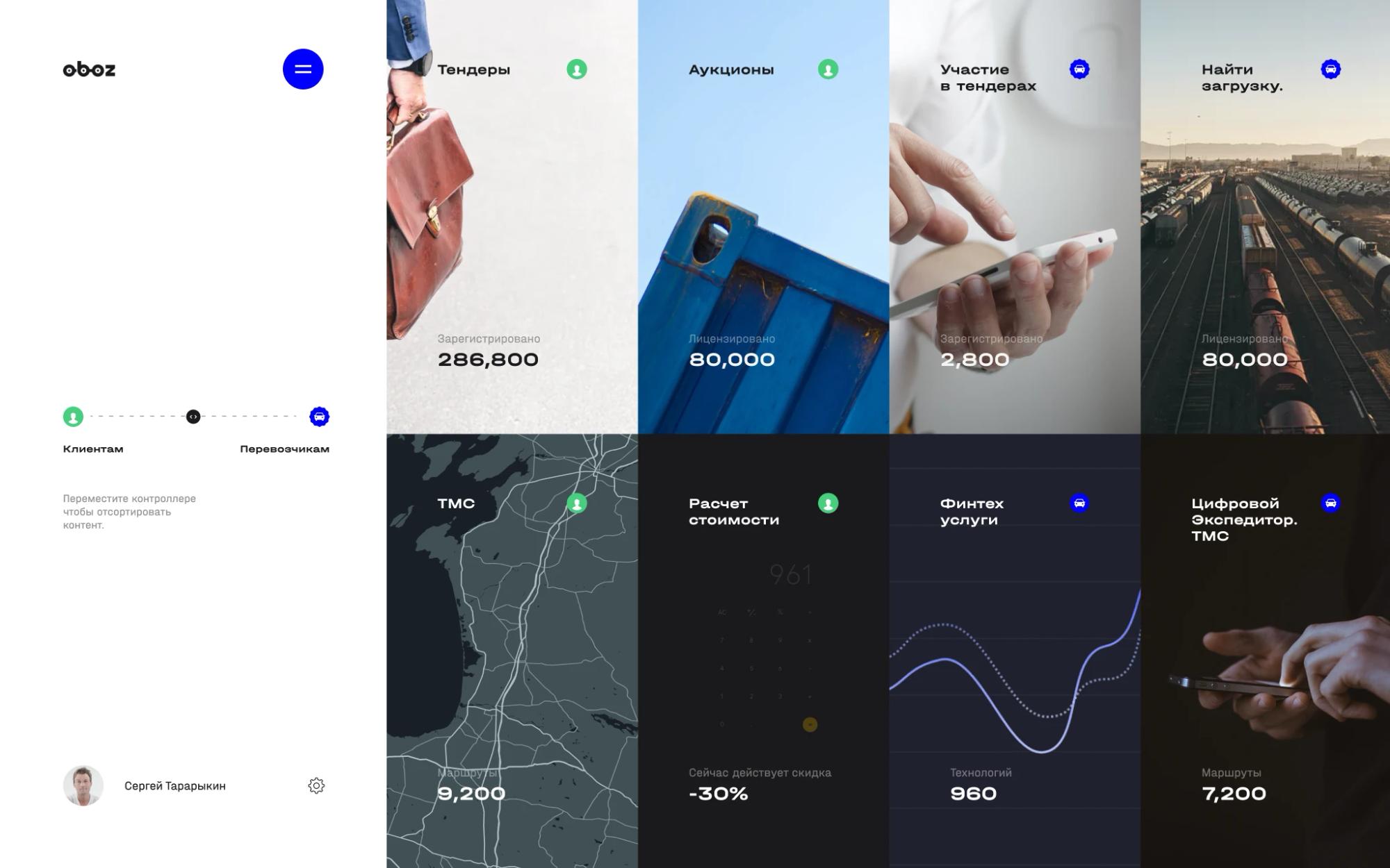 Oboz logistics dashboard with tiles for tenders, auctions and shipments