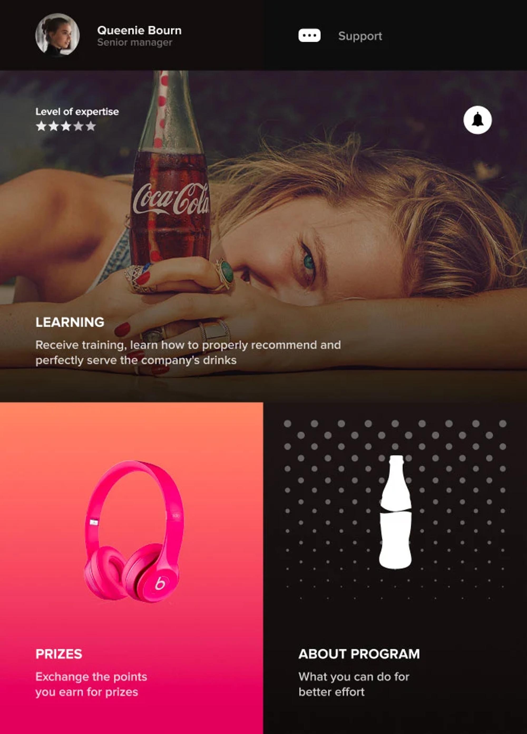 Home screen with learning, prizes and program sections