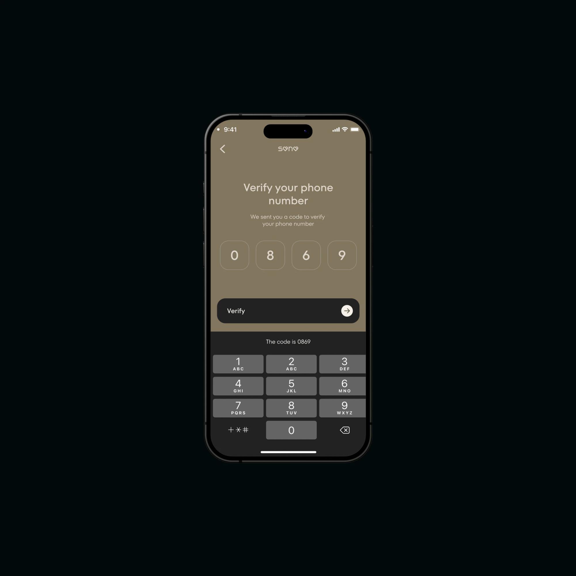 Phone number verification screen with keypad