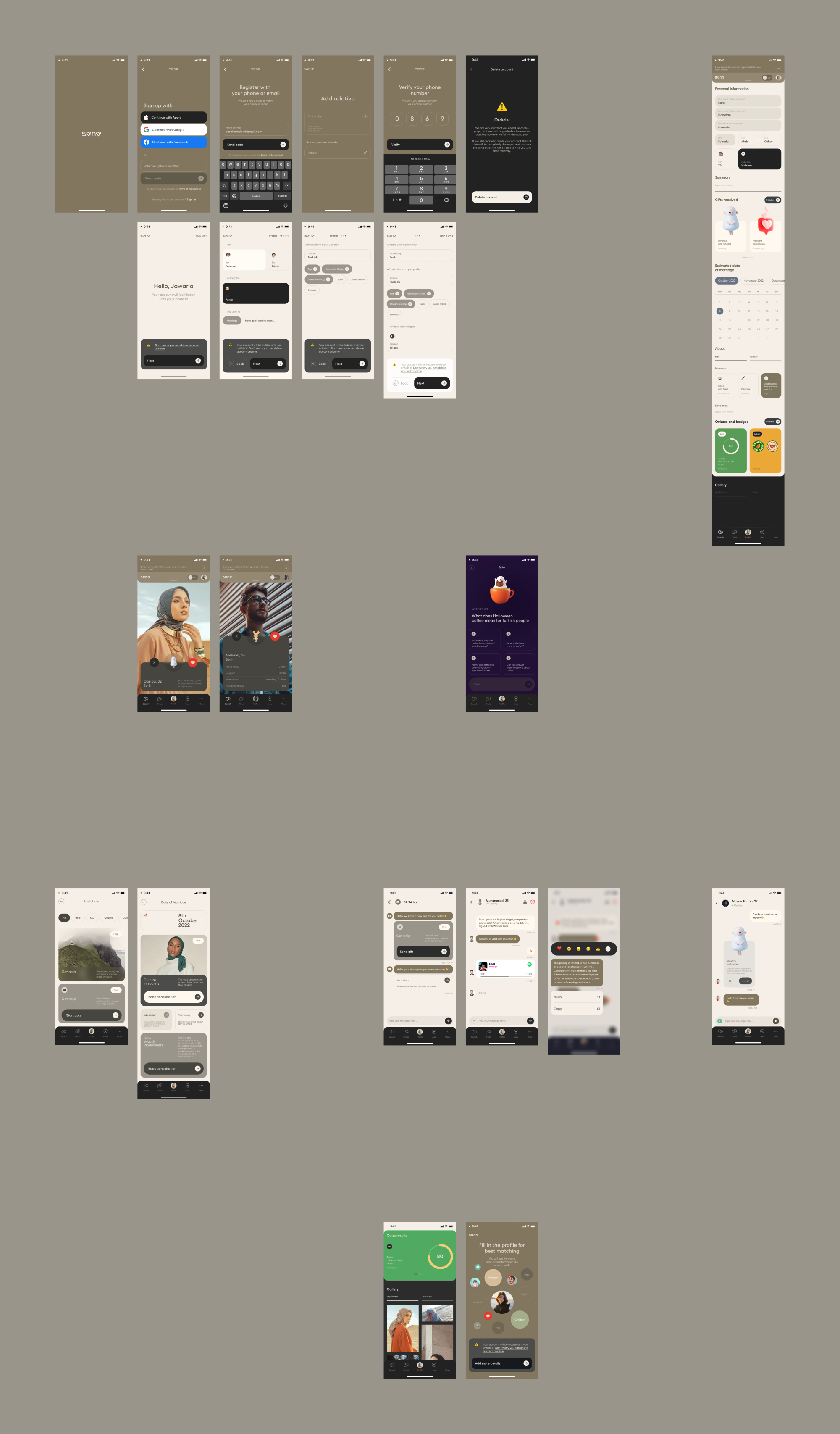Overview of all Sana app screens