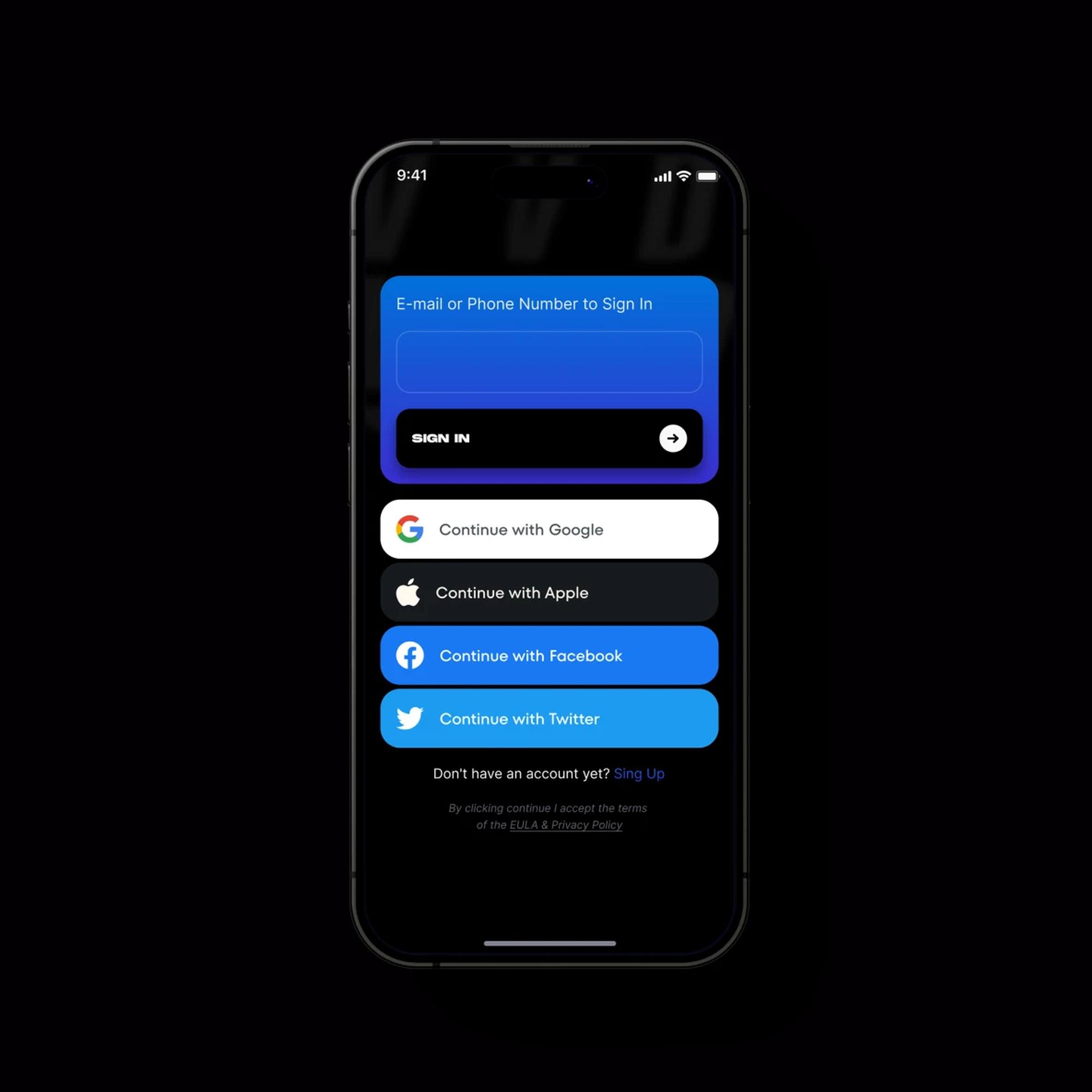 Sign-in screen with Google, Apple, Facebook and Twitter options