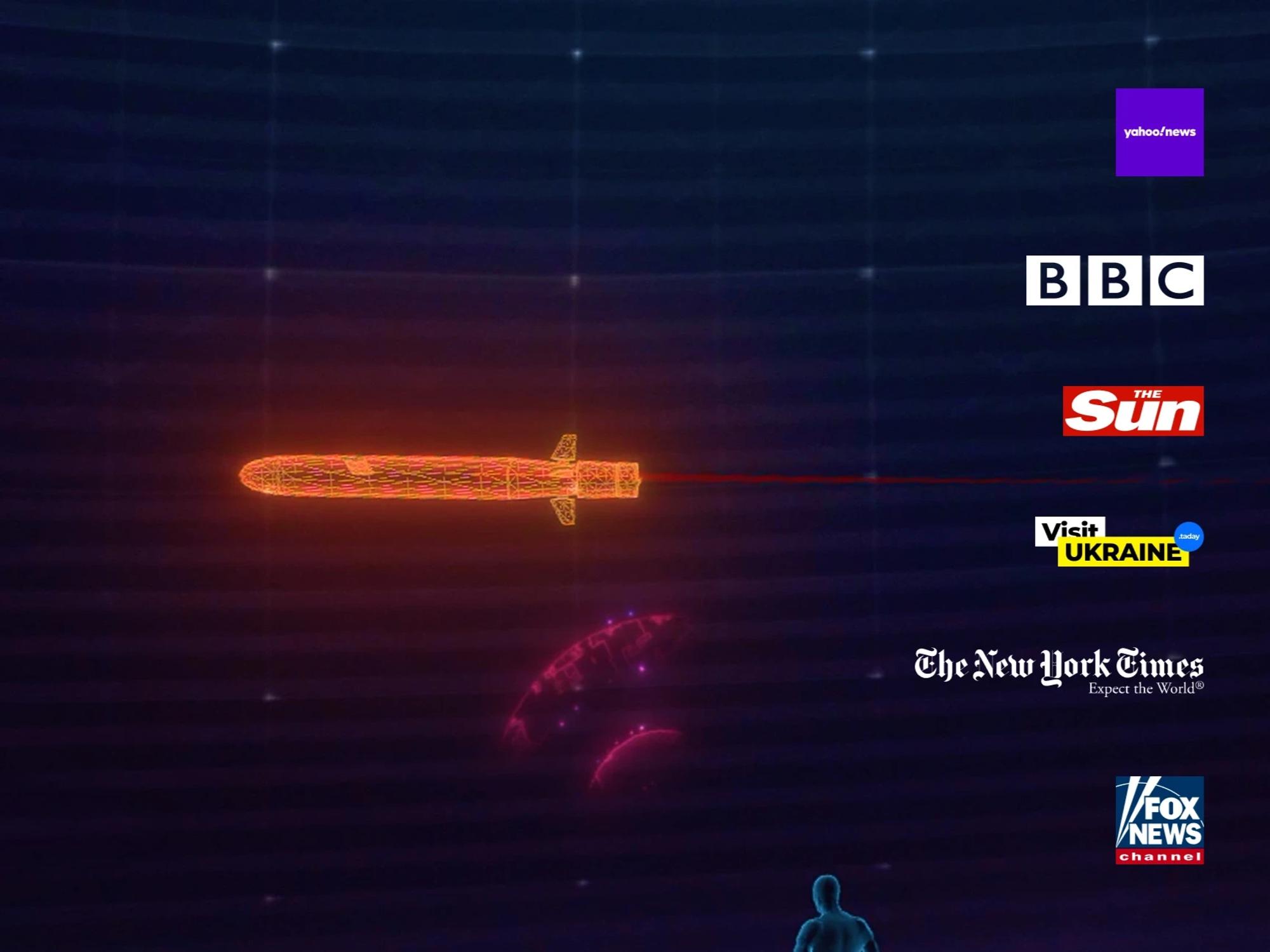 ePPO missile tracking visual with media logos: BBC, The Sun, NYT, Fox News
