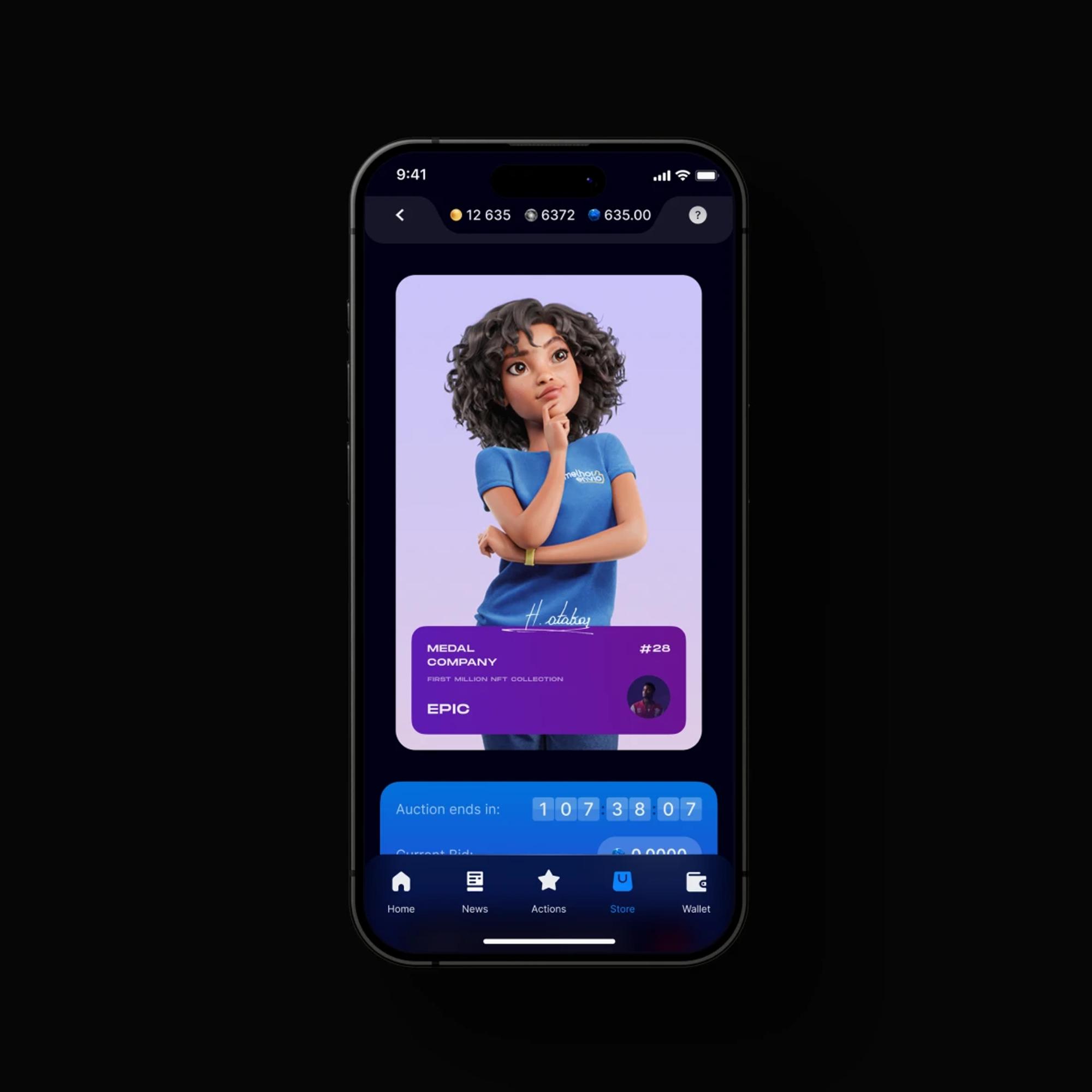 3D character collectible with a live auction timer