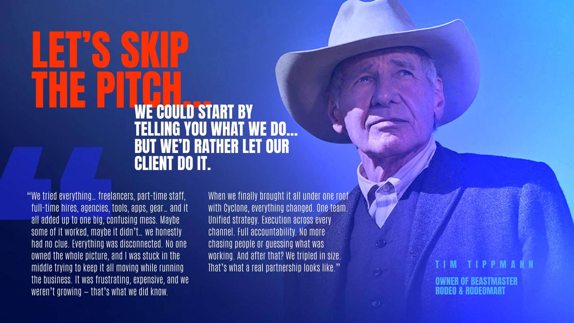 Client testimonial slide: let’s skip the pitch