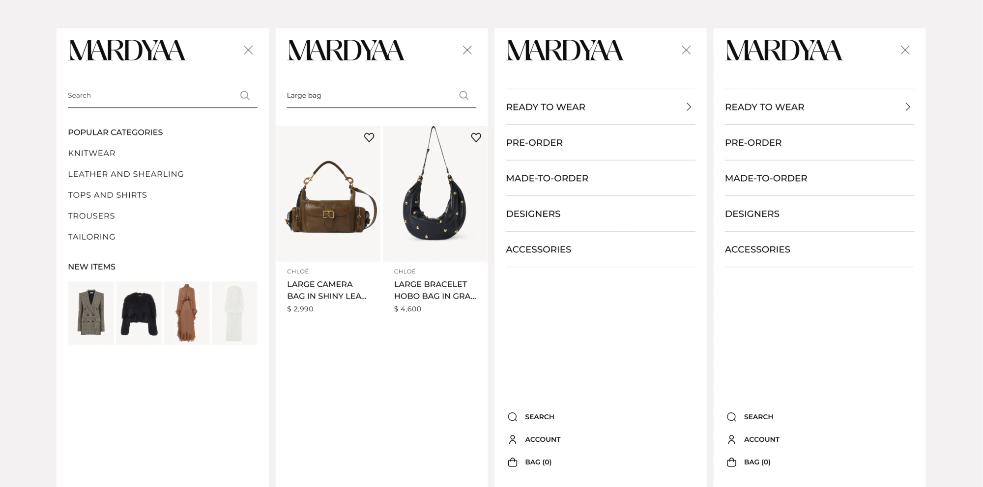 Mobile menu, search and category navigation