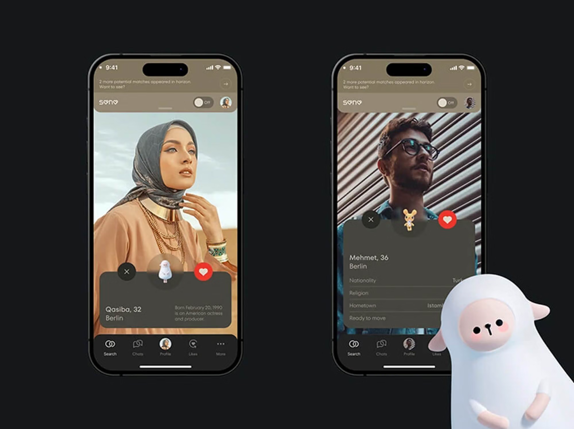 Sana matchmaking app: two profile cards and a 3D lamb mascot