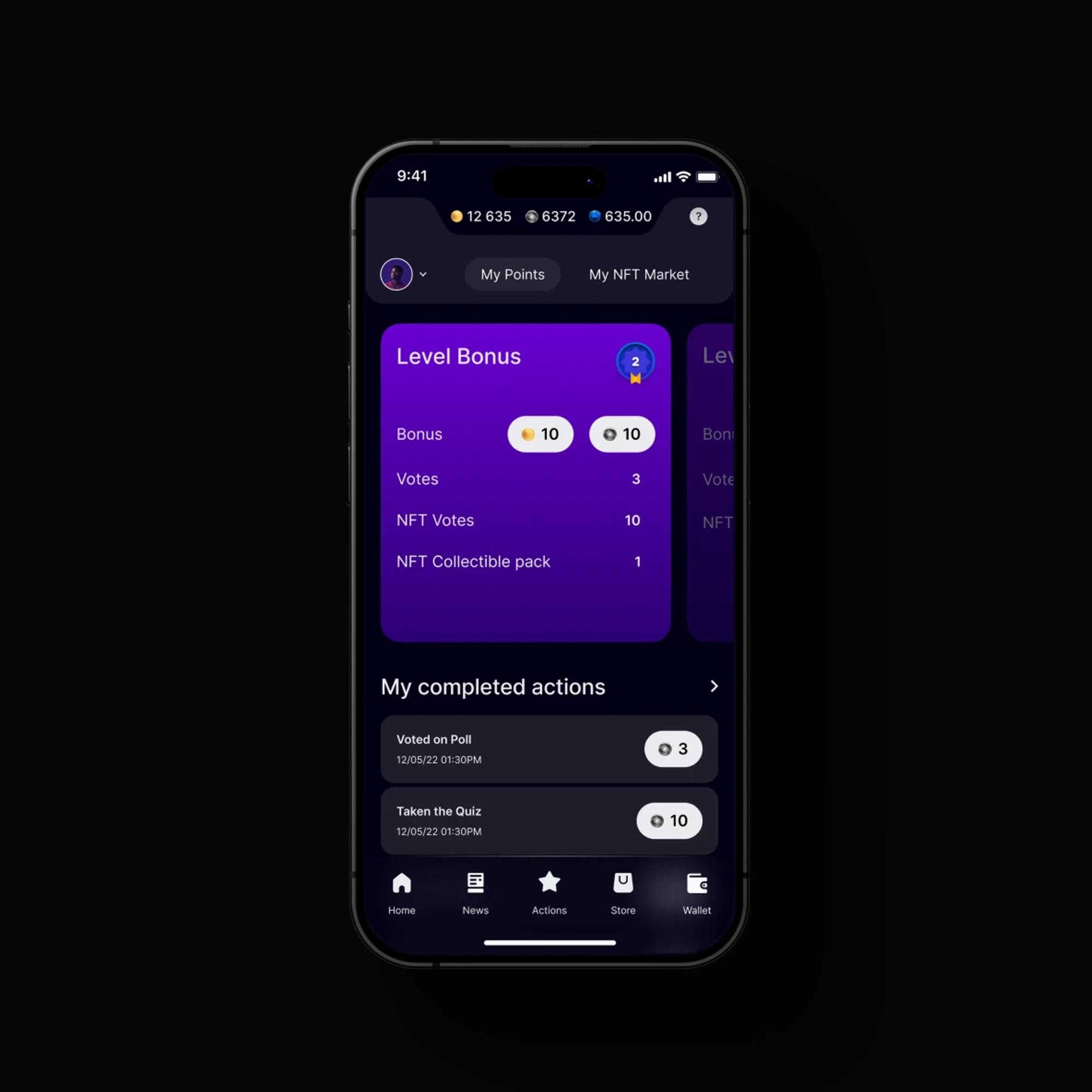 Level bonus card and list of completed actions