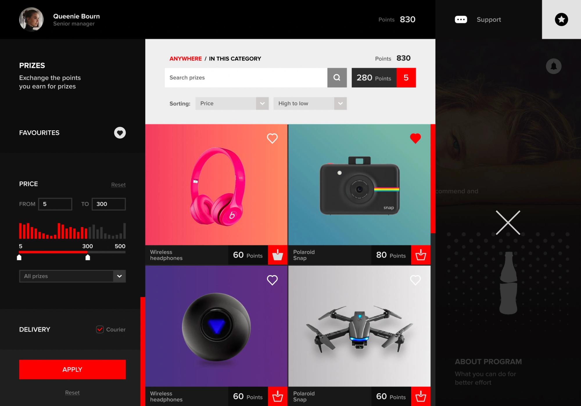 Prize catalogue with headphones, camera and drone