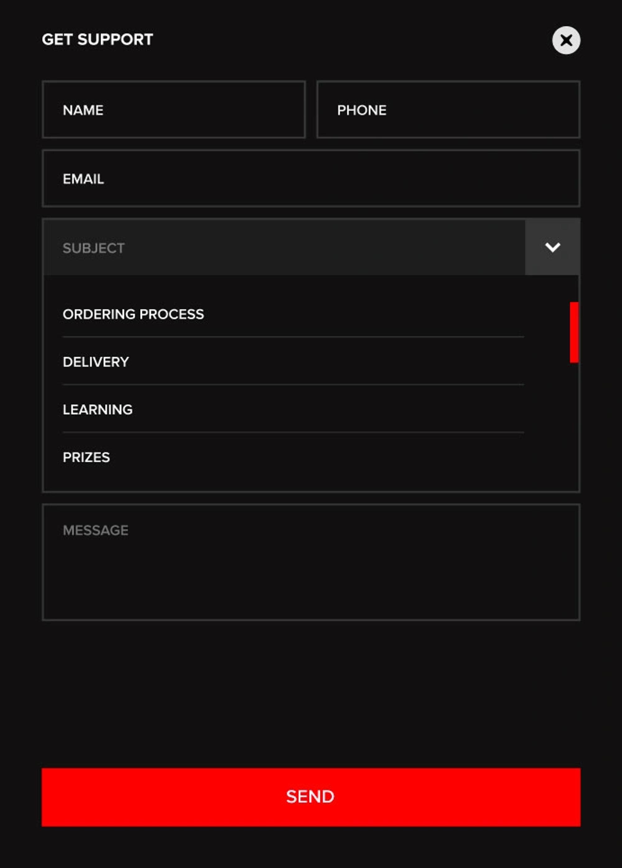 Support form with topic dropdown
