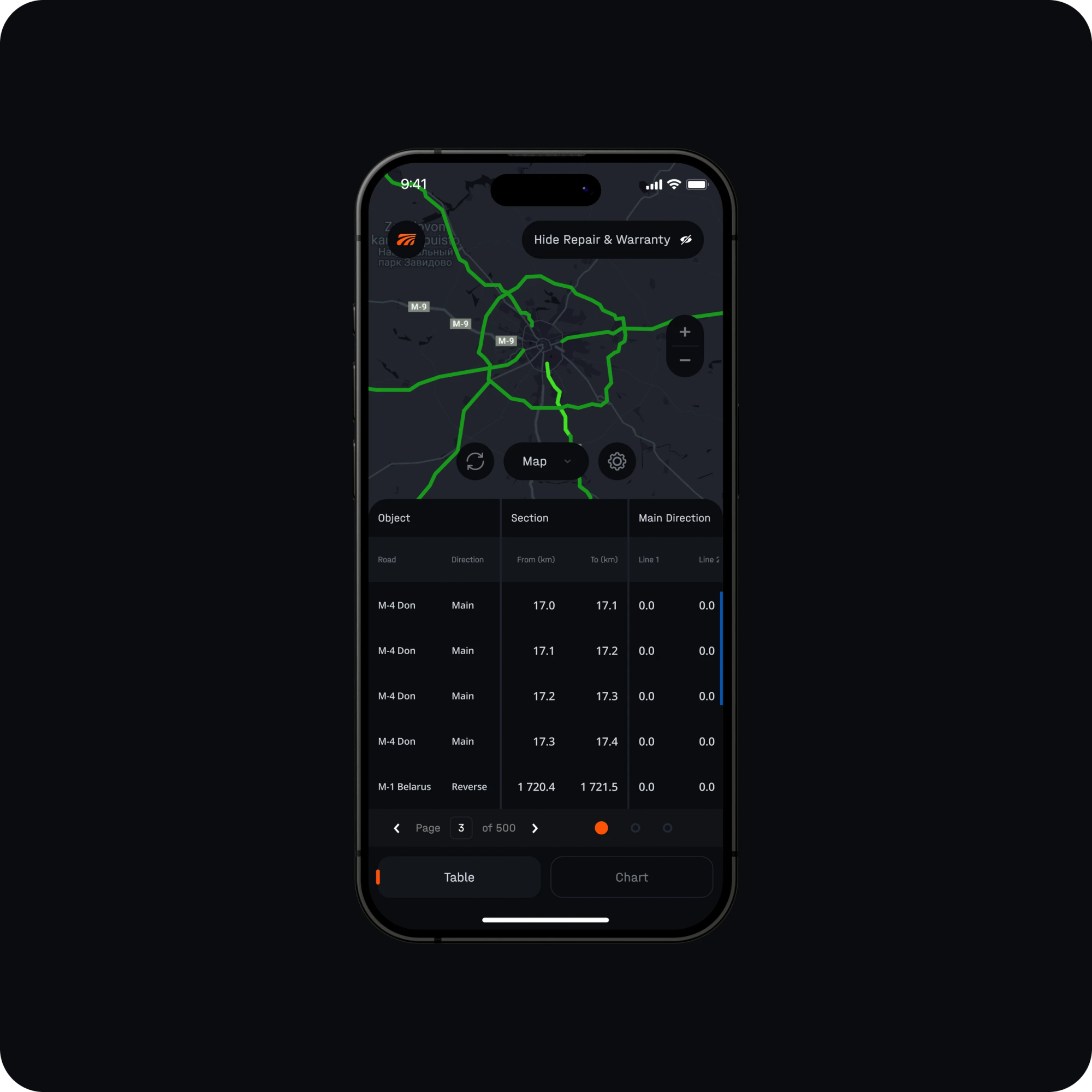Mobile road network map with a data table