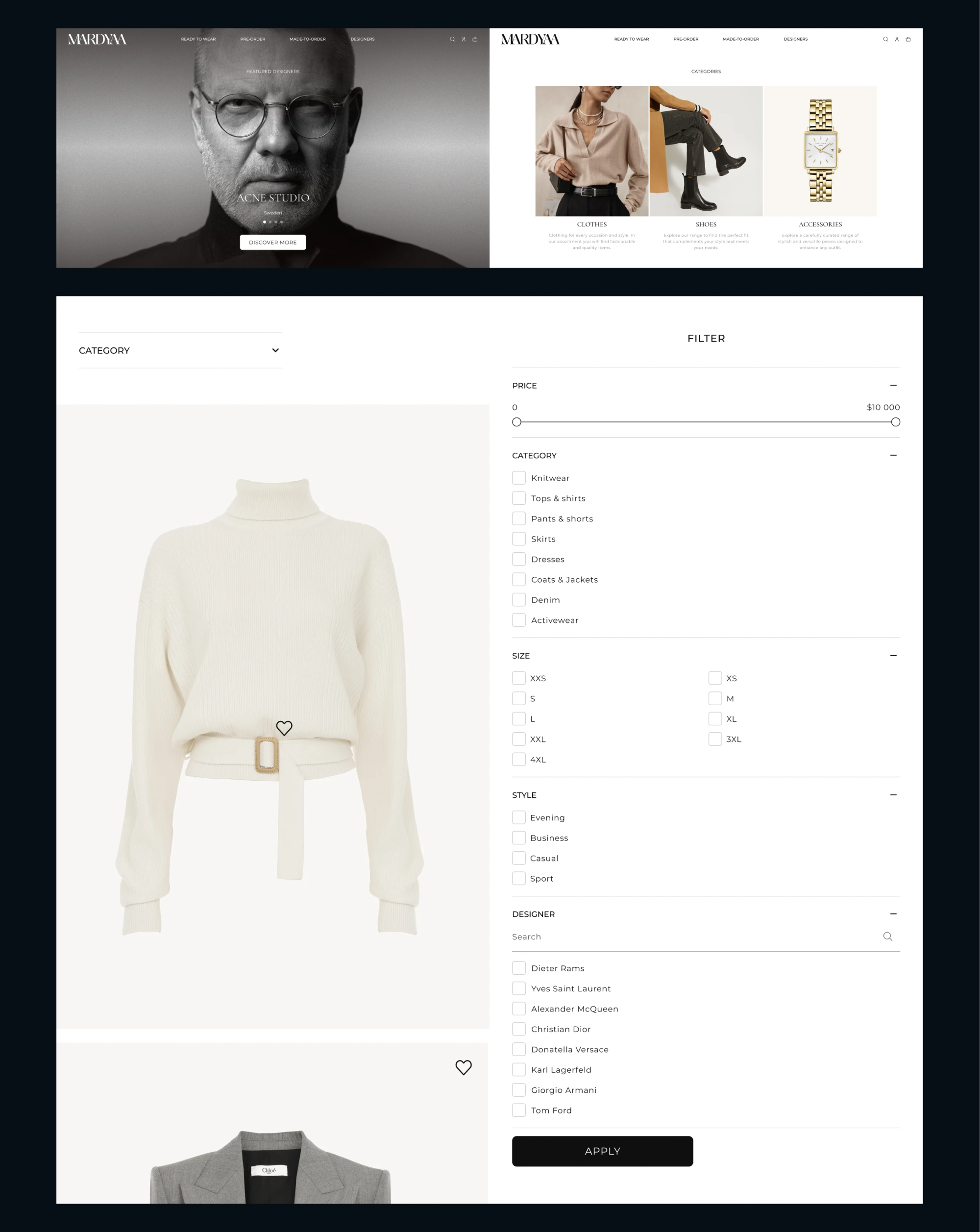 Mardyaa catalogue with the filter panel open