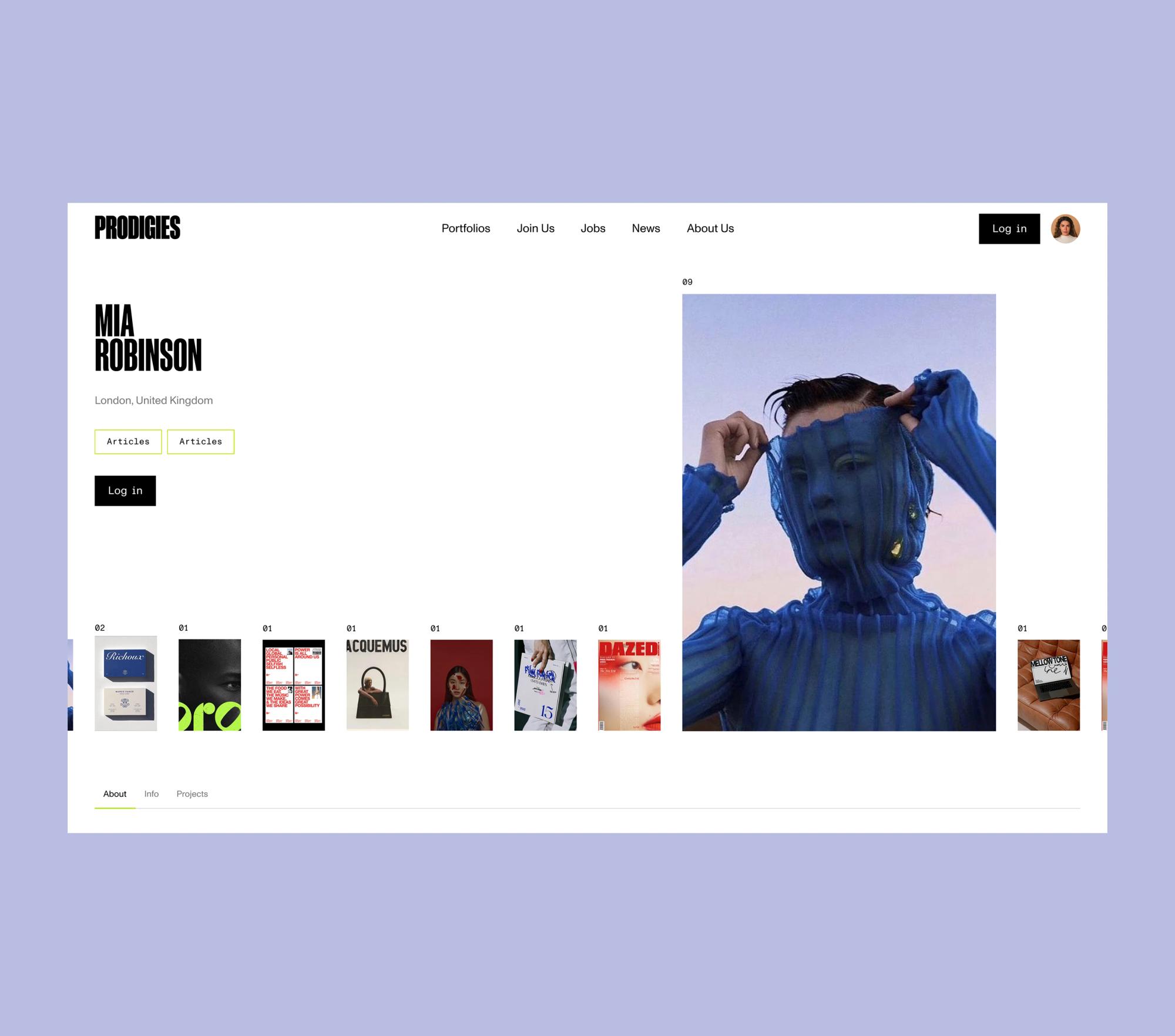 Profile page with a portfolio carousel