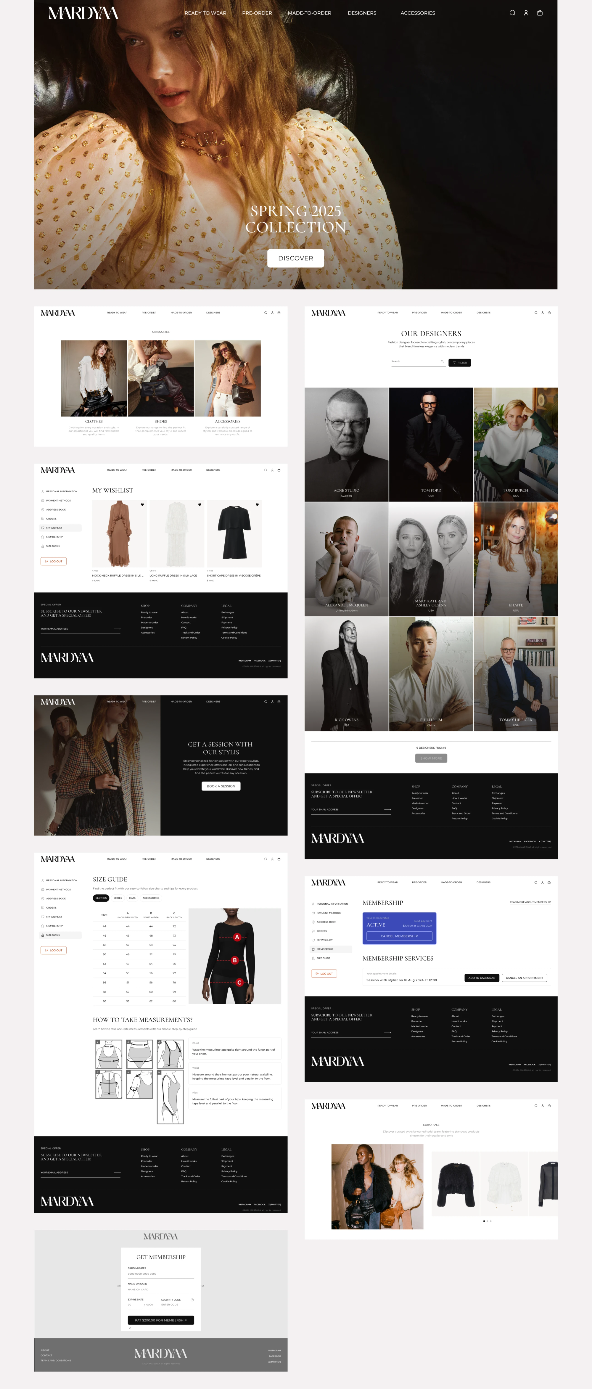 Homepage, designers index and size guide pages