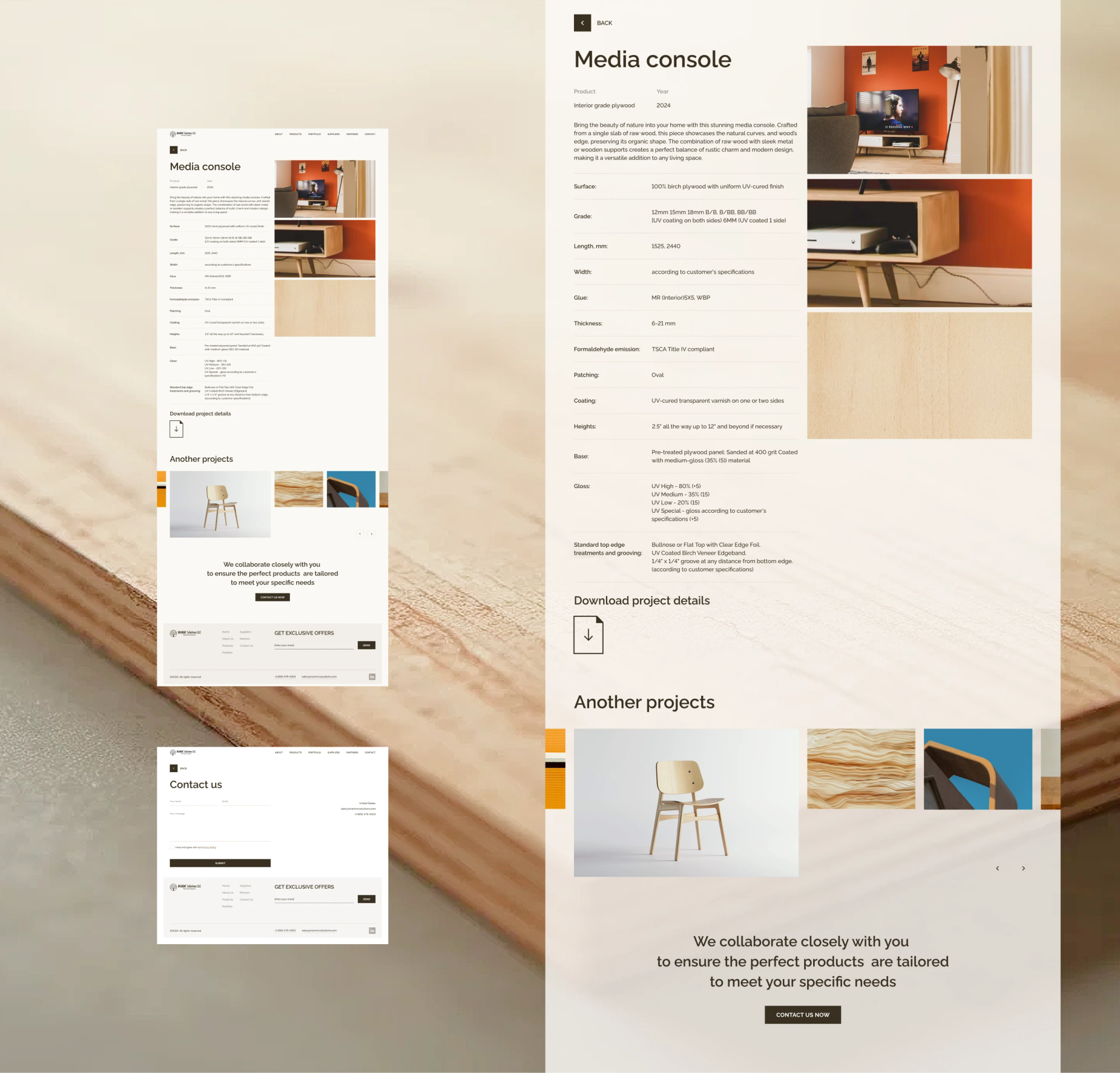 Media console product page with specs and related projects