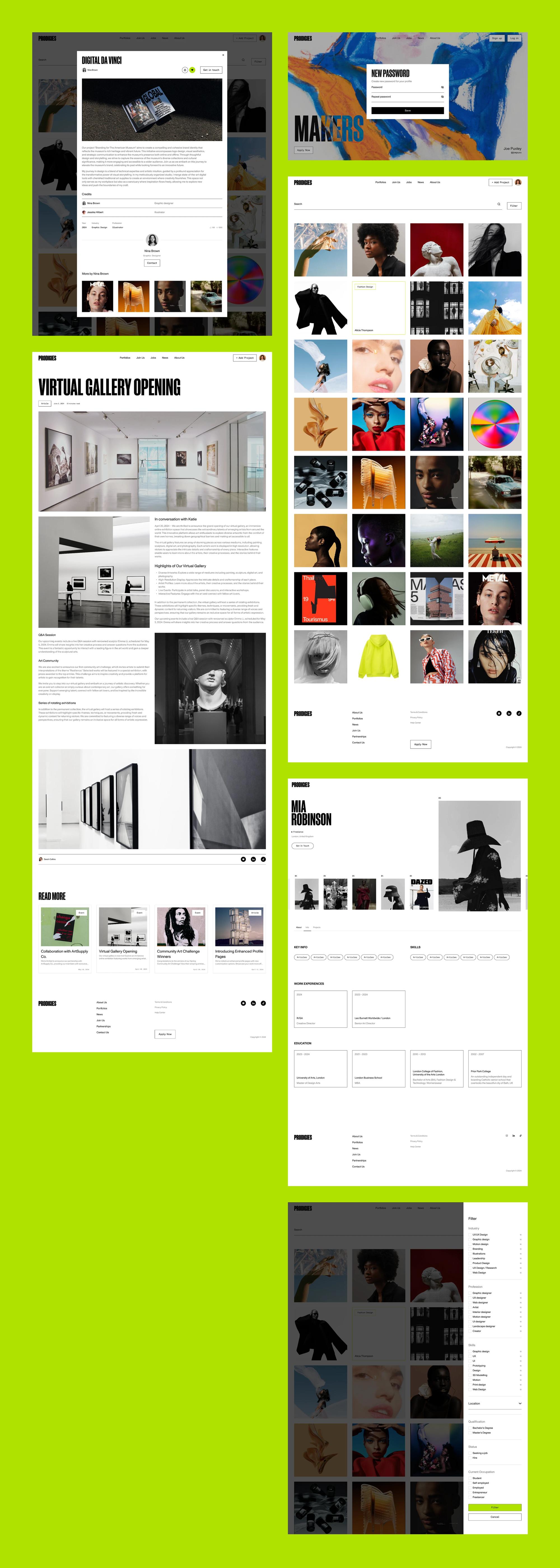 Prodigies pages with galleries and events on a lime background