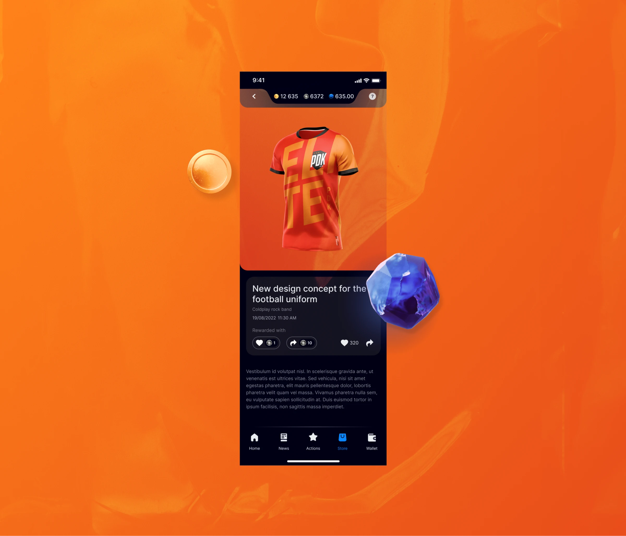 Football kit concept post with token rewards and reactions
