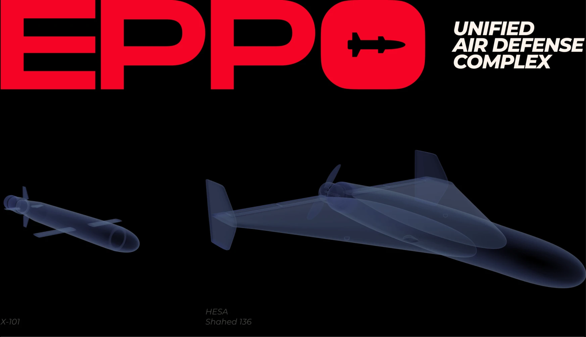 ePPO logo with 3D renders of a cruise missile and a Shahed drone