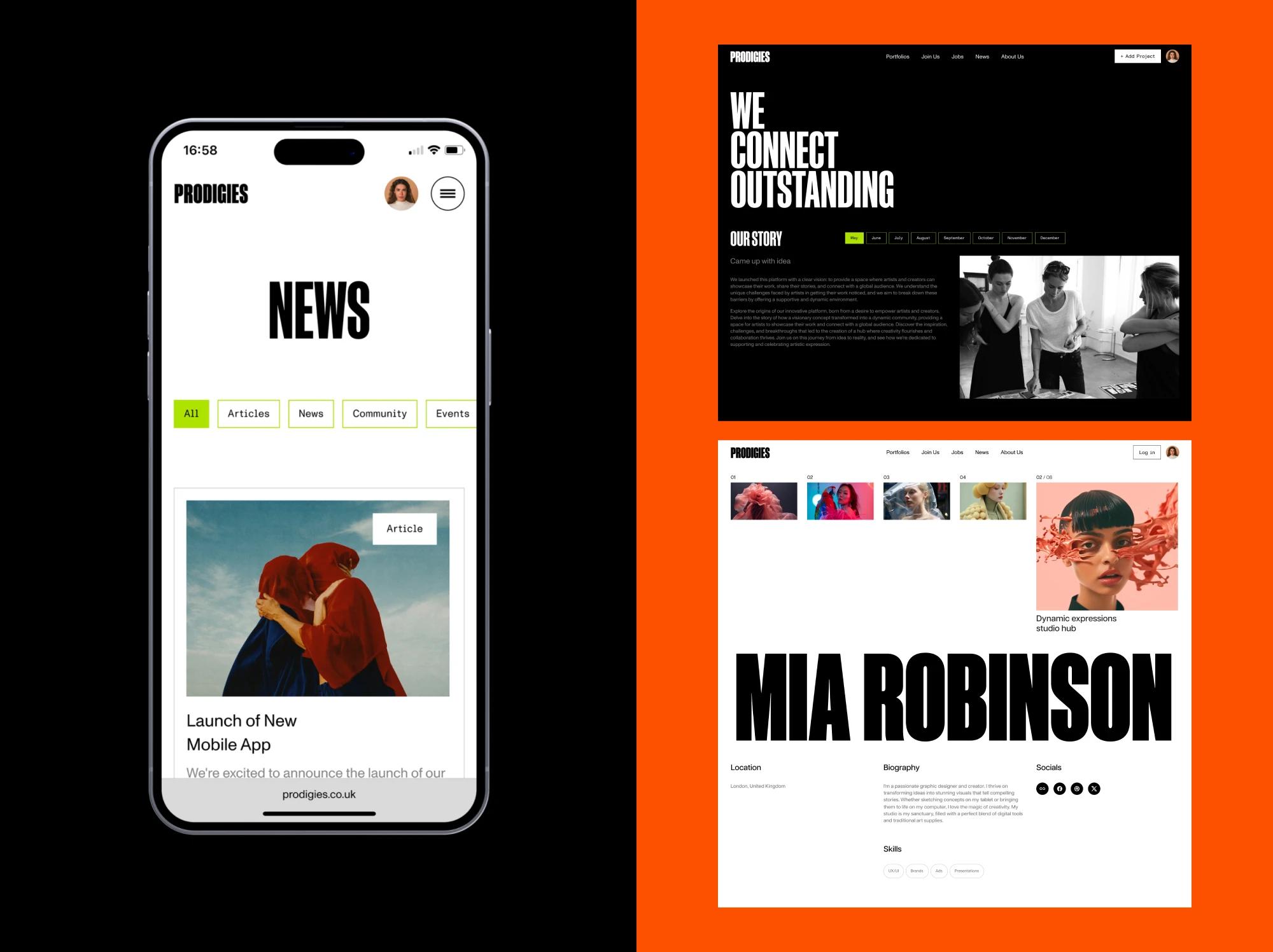 Prodigies news feed on mobile and creator profile pages