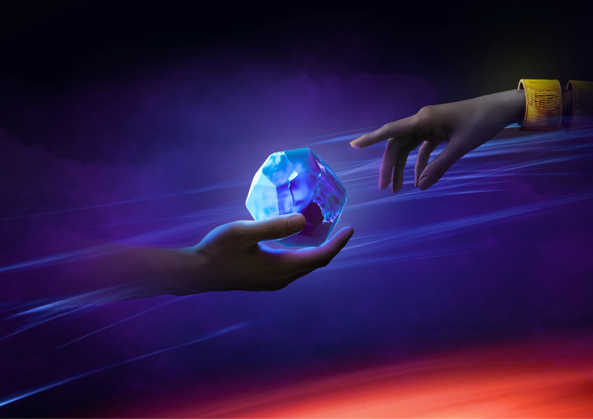 3D artwork of two hands passing a glowing blue token