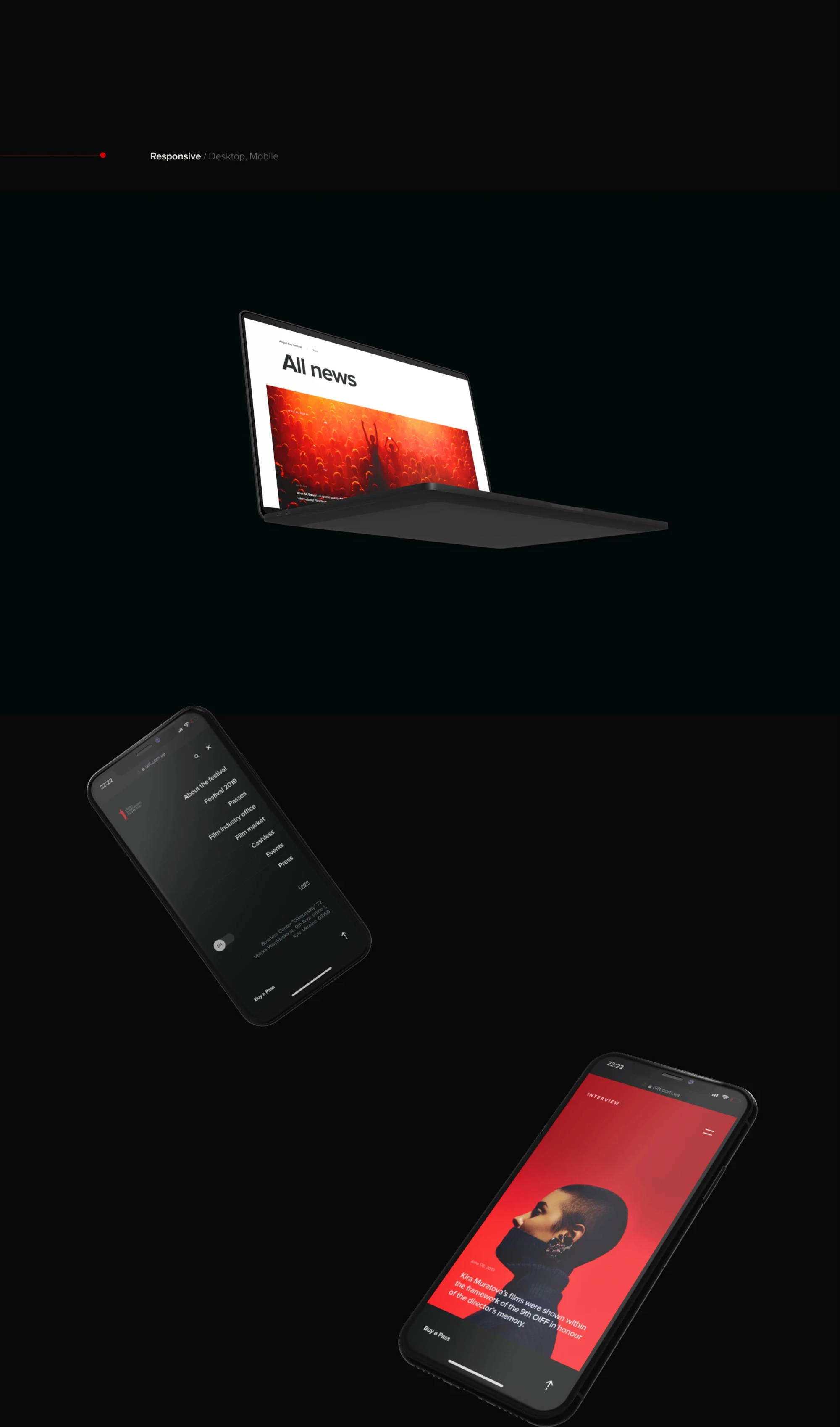 Festival site on a laptop and two phones
