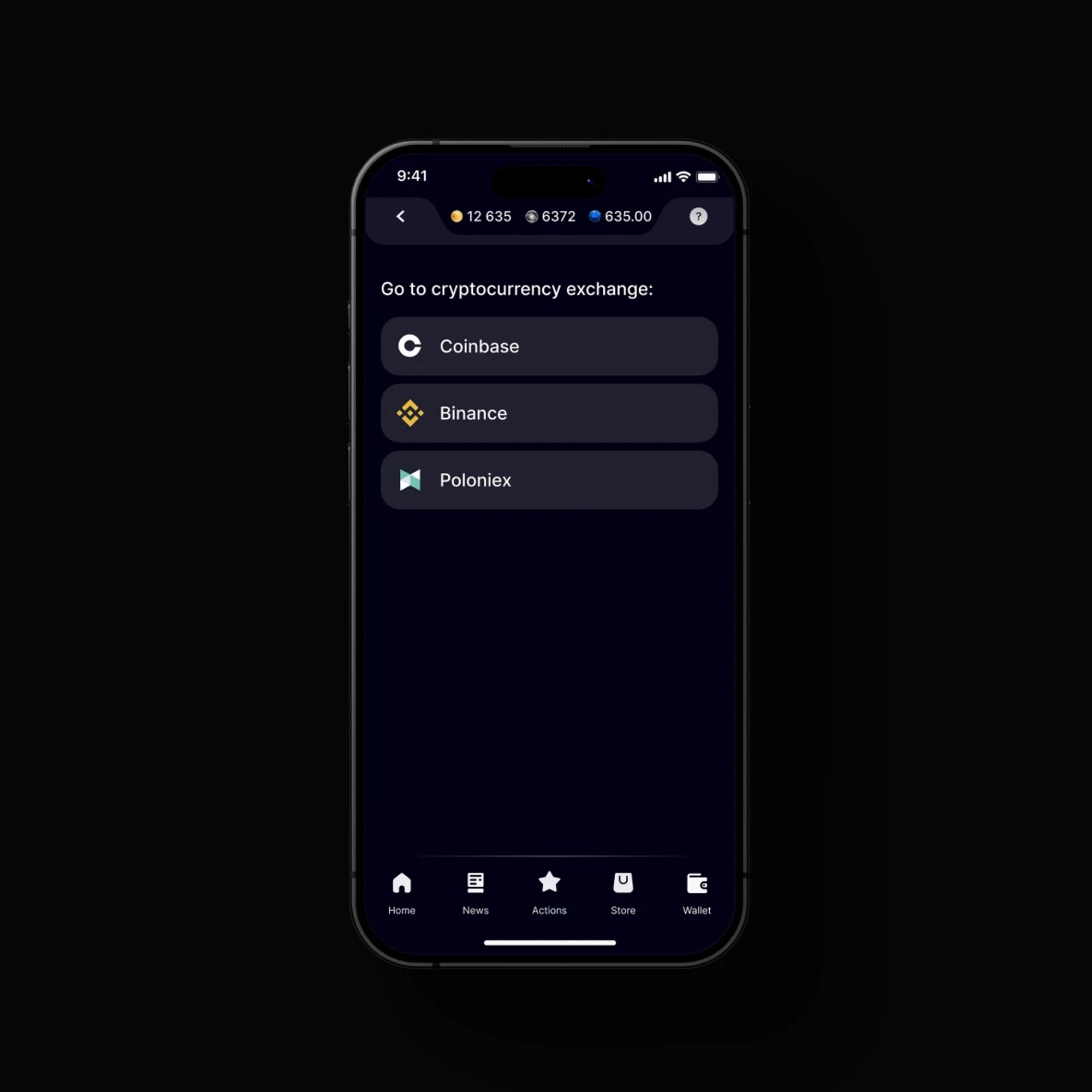 Exchange picker with Coinbase, Binance and Poloniex