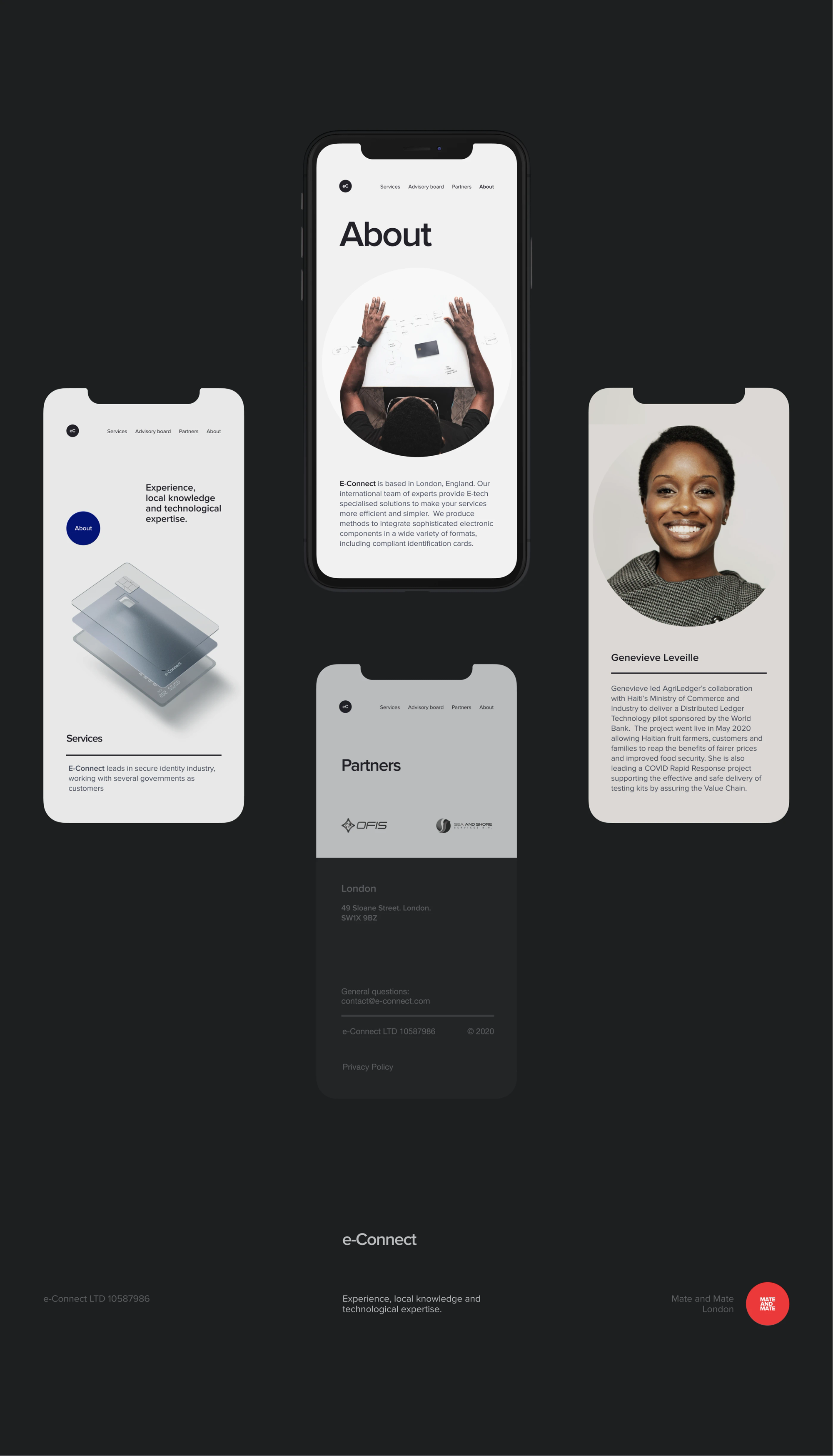 E-Connect mobile pages: about, team and services