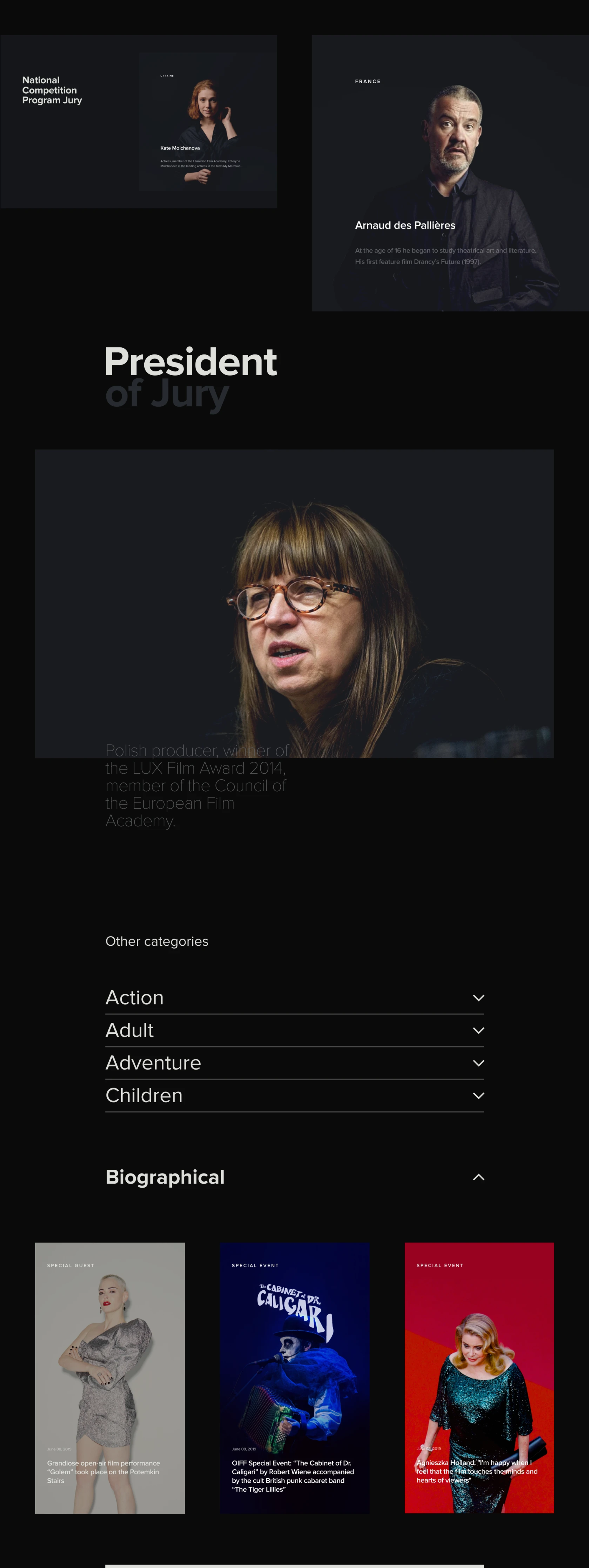 Jury president page with biography and films