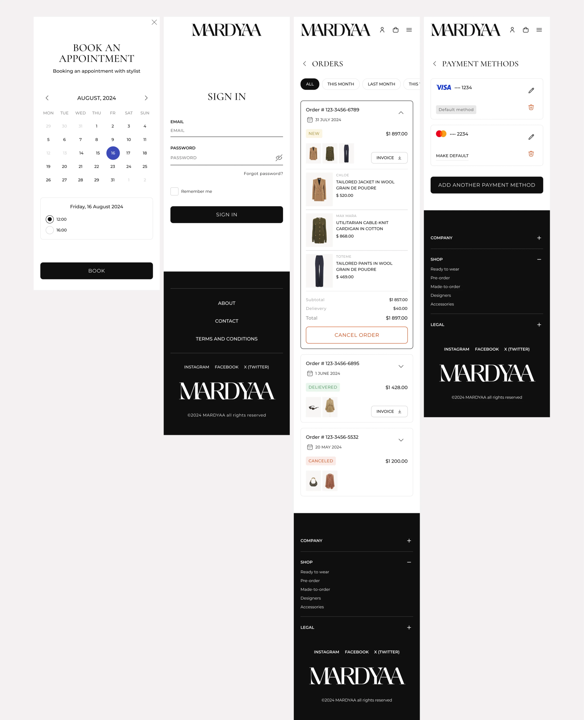 Mobile appointment booking, sign-in, orders and payment methods