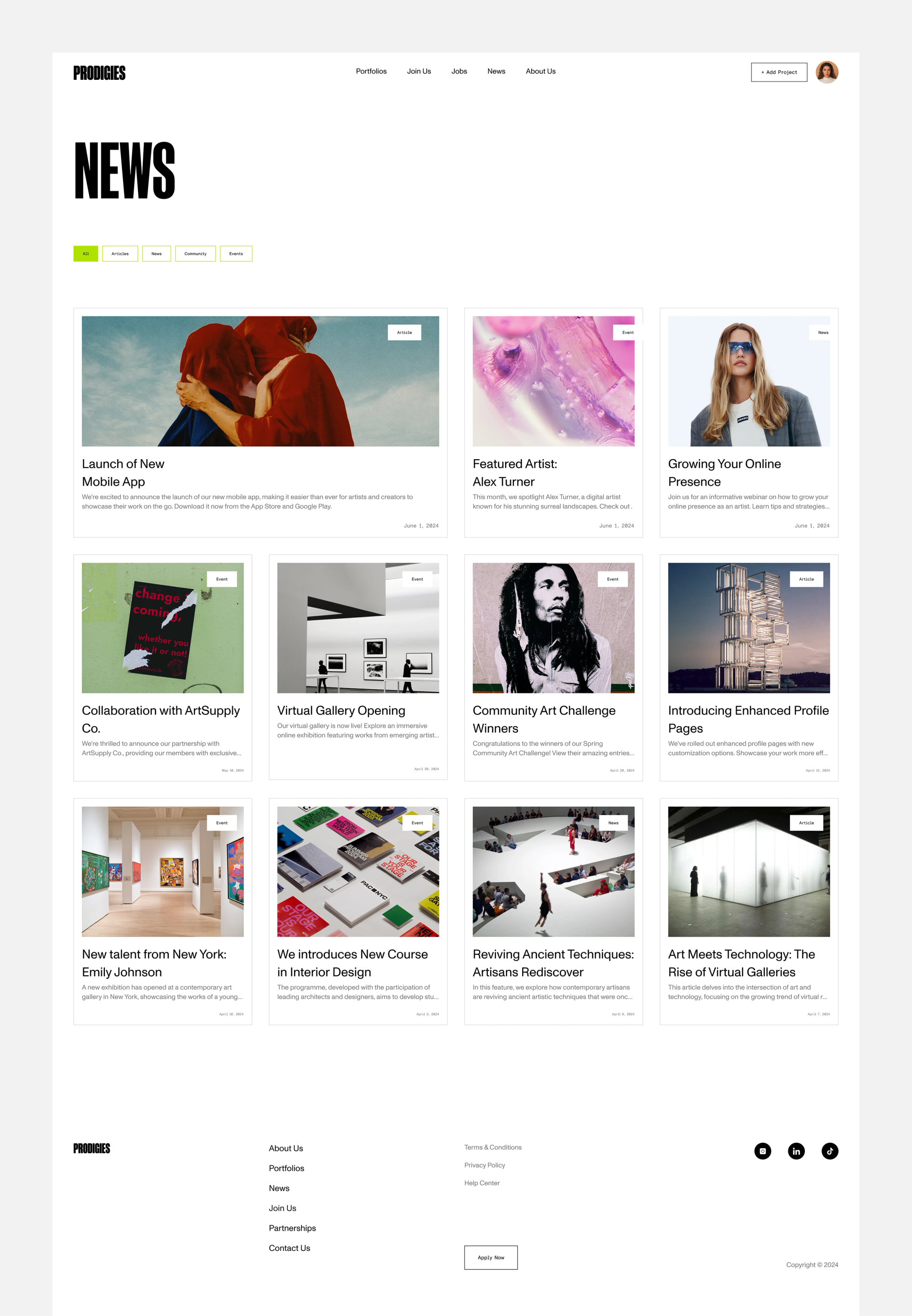 News page with article grid