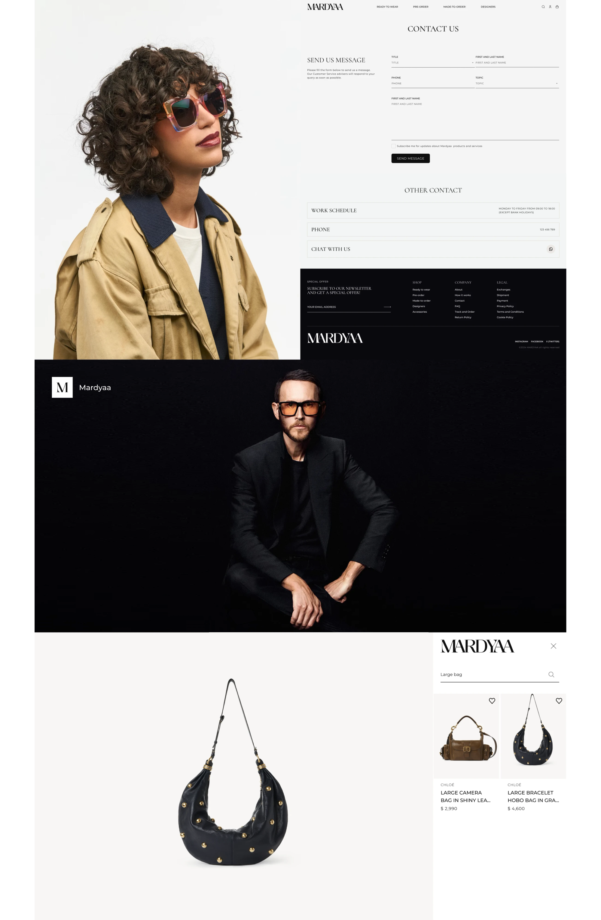 Campaign banner, designer page and handbag product page
