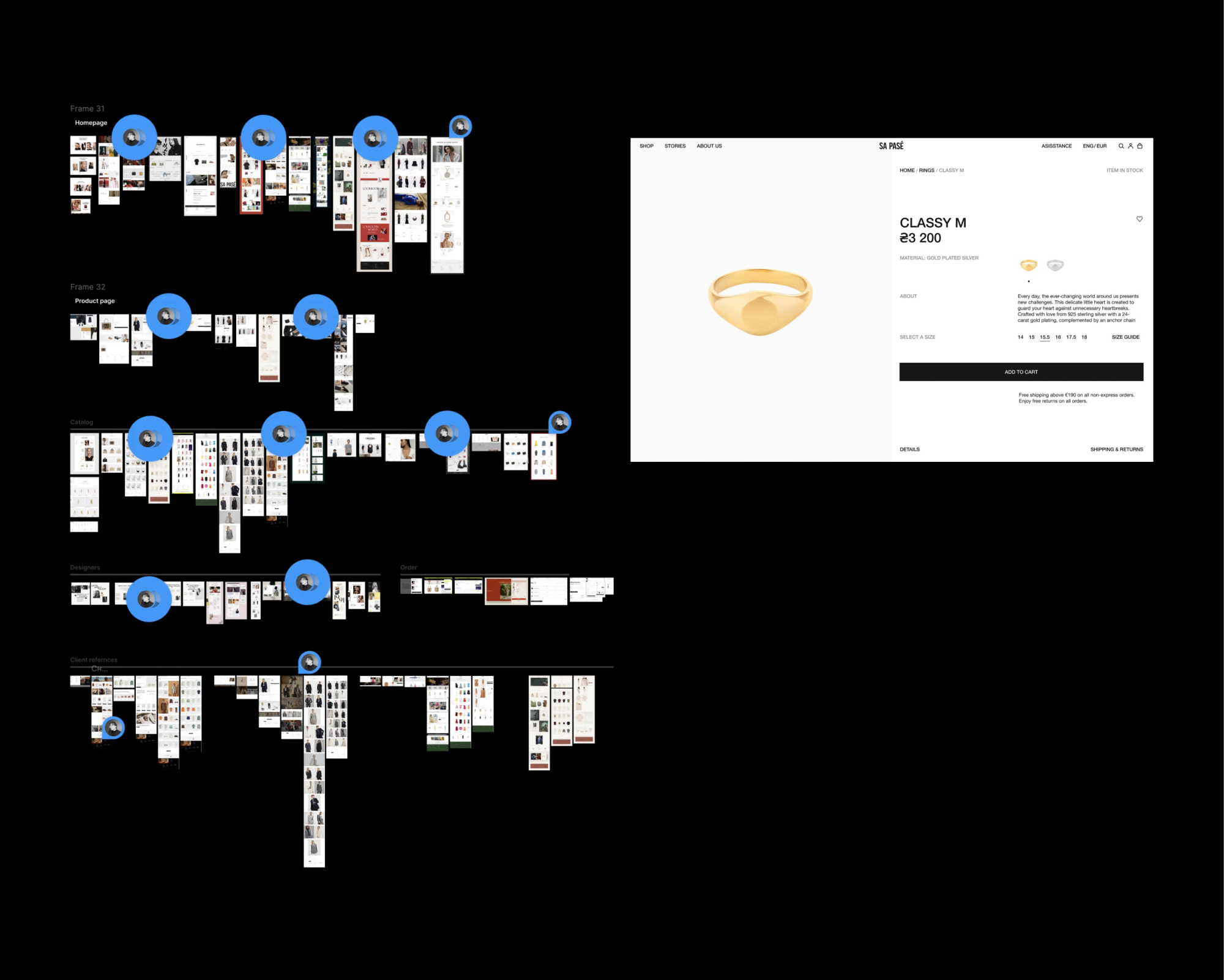 Figma wireframe board with a ring product page layout
