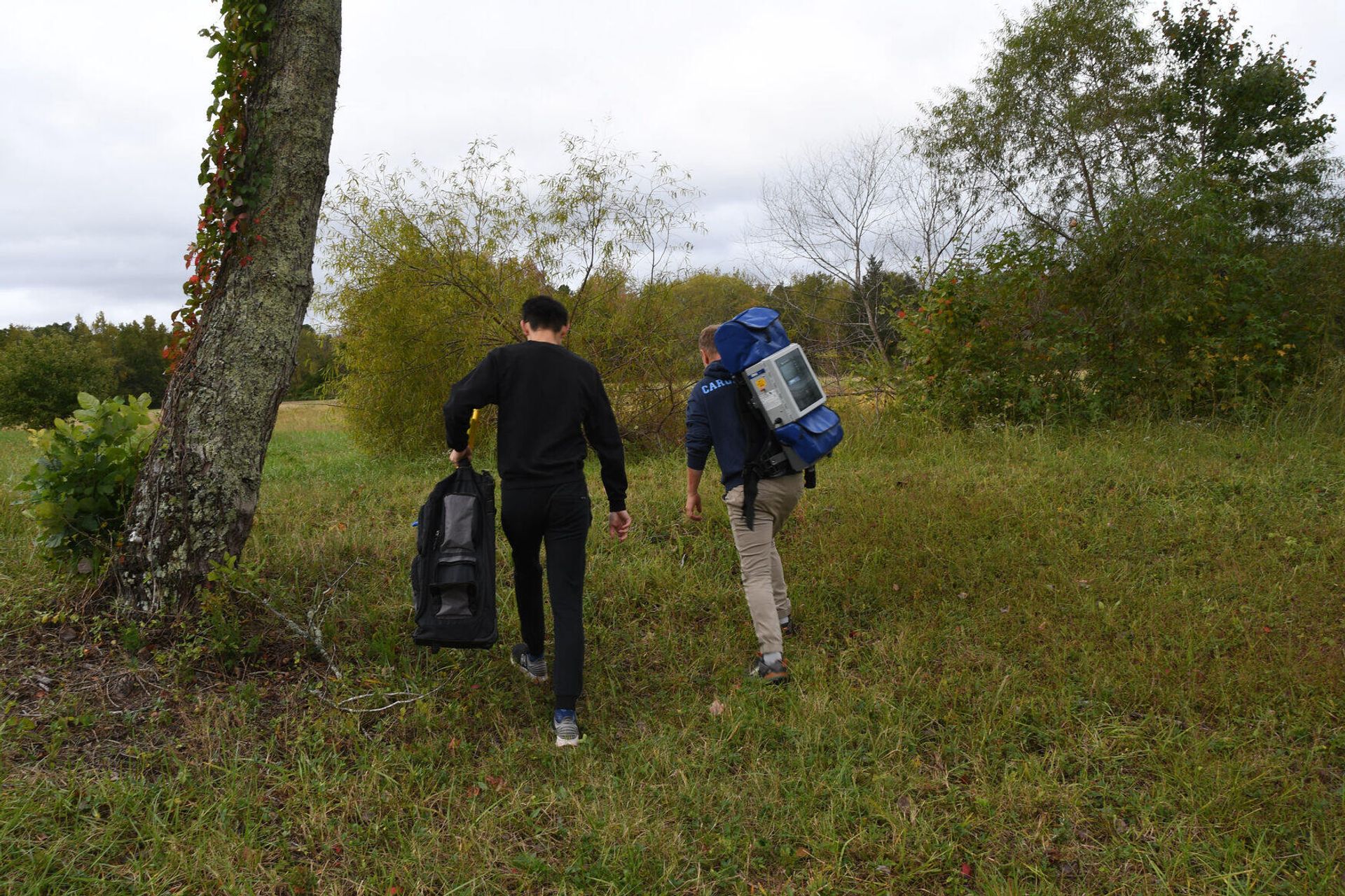 Researchers walk towards the pond with their sampling equipment.