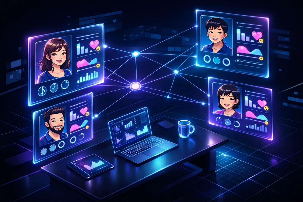 futuristic digital workspace with holographic client avatar profiles